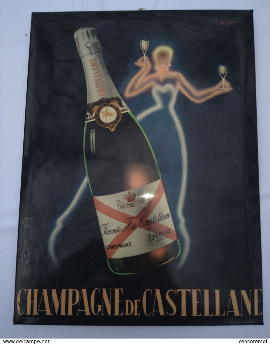 PLV Ancienne Publicité Champagne De Castellane Signé Falcucci, Glaçoïd Ancien Publicitaire Epernay - Champagner & Sekt