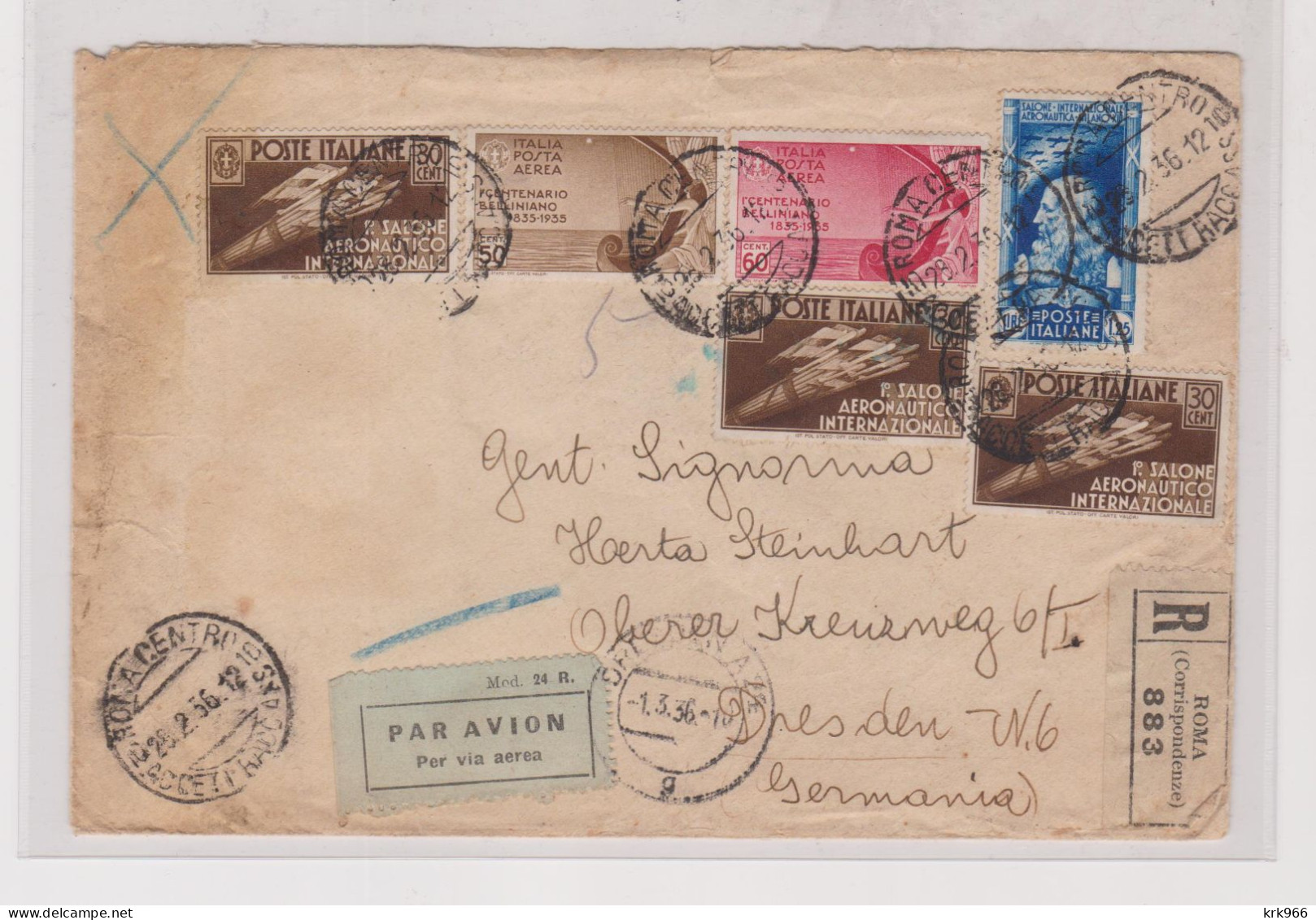 ITALY 1936 ROMA Registered Airmail   Cover To Germany - Marcofilía (Aviones)