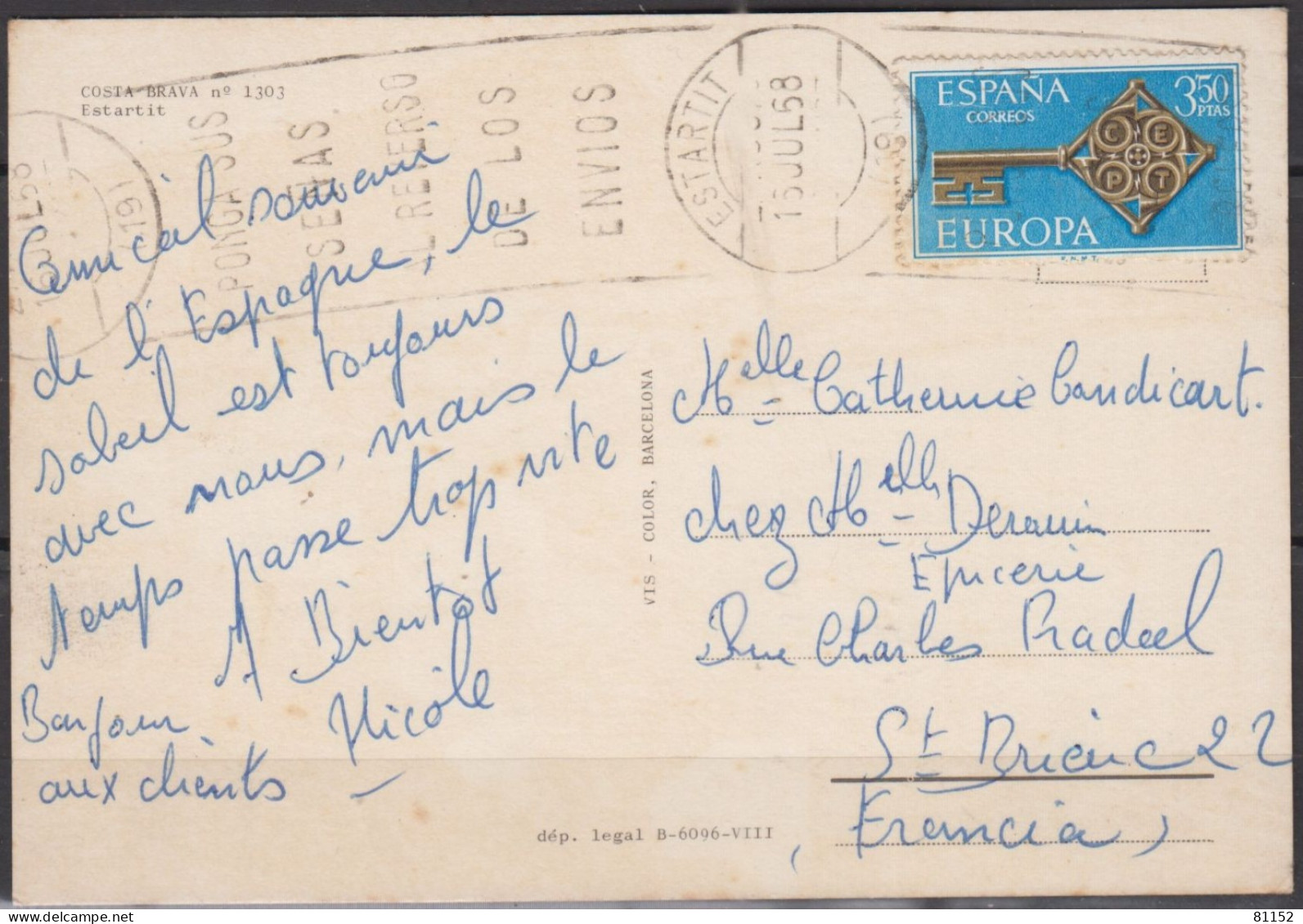 Espagne  EUROPA  3p.50  Y T. 1523  Sur CPSM   De ESTARTIT  1968  Pour  ST-BRIEUC  C.du.N. - Brieven En Documenten