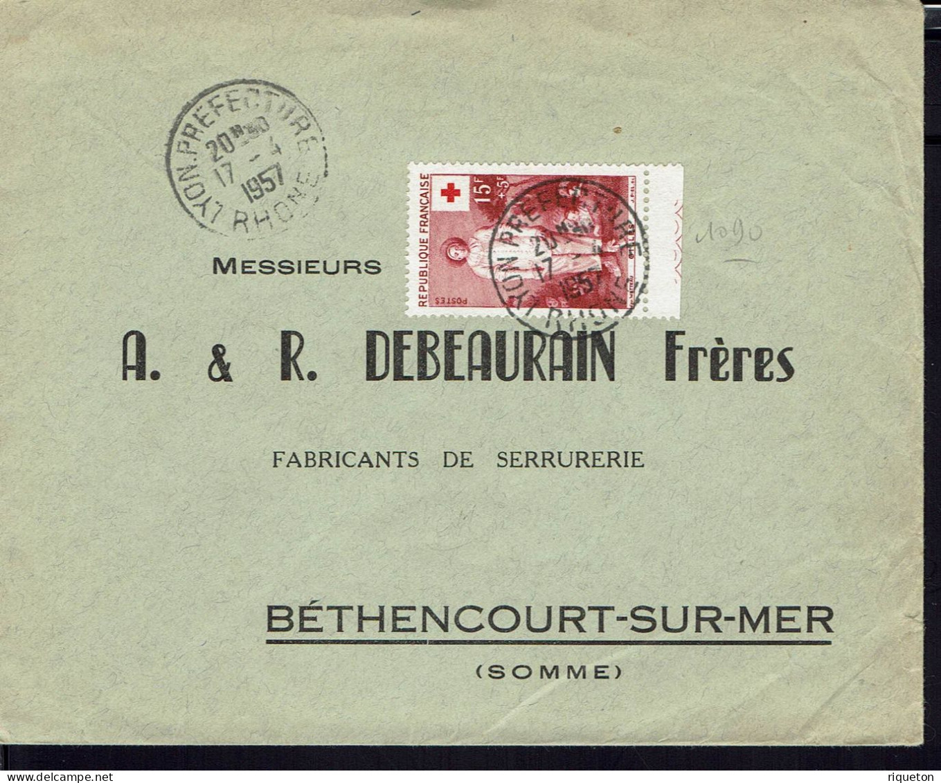 Fr. Timbre N° 1090 Croix Rouge 15 F + 5 F Seul Sur Enveloppe De Lyon Préfecture Du 17-4-1957 Pour Béthencourt-Sur-Mer.. - Red Cross