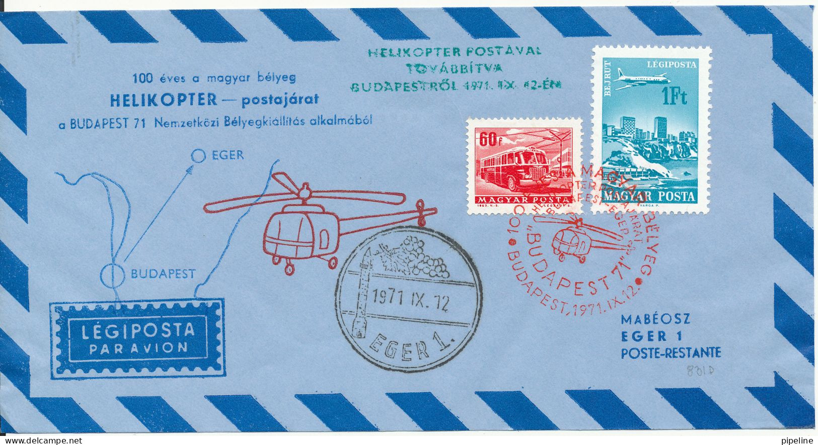 Hungary Air Mail Cover Helicopter Postflight Budapest - Eger 12-9-1971 - Covers & Documents