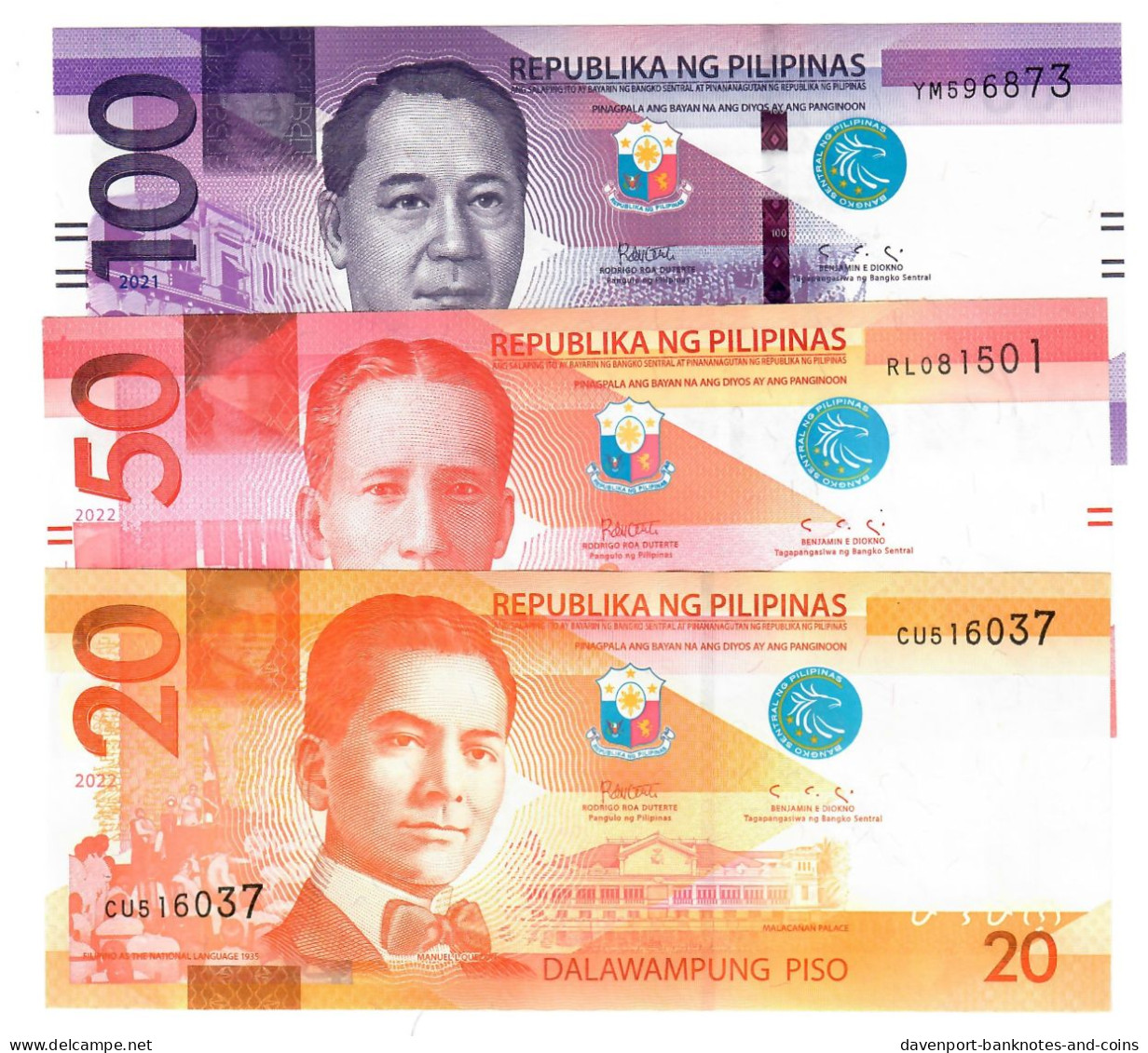 SET Philippines 20, 50 & 100 Piso 2022 UNC (blue Seal 2021) - Philippinen