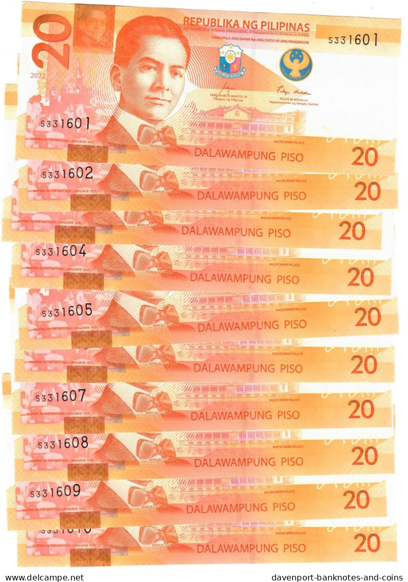 Philippines 10x 20 Piso 2022 (2023) UNC (yellow Seal 2023) - Filipinas