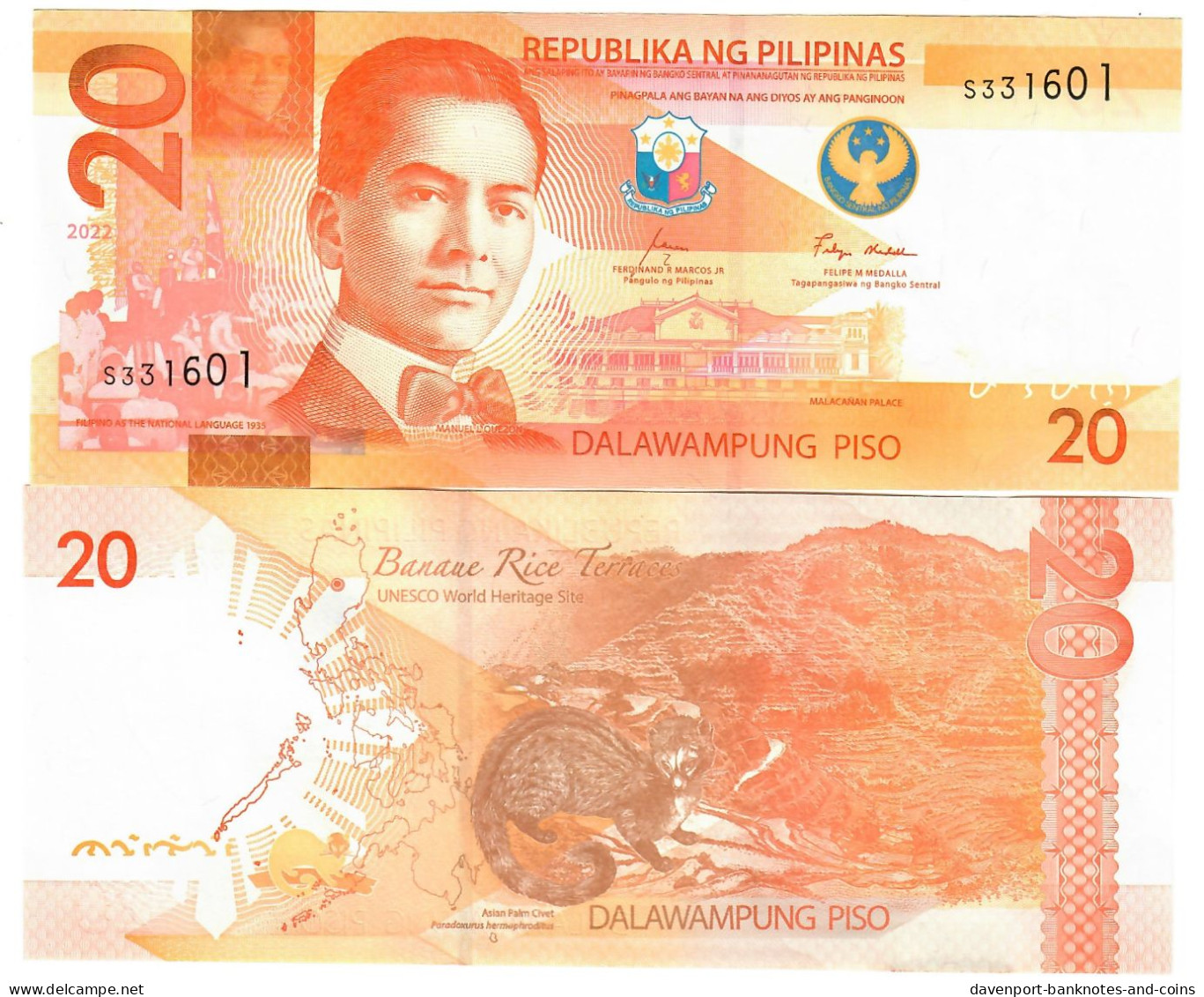 Philippines 10x 20 Piso 2022 (2023) UNC (yellow Seal 2023) - Filipinas