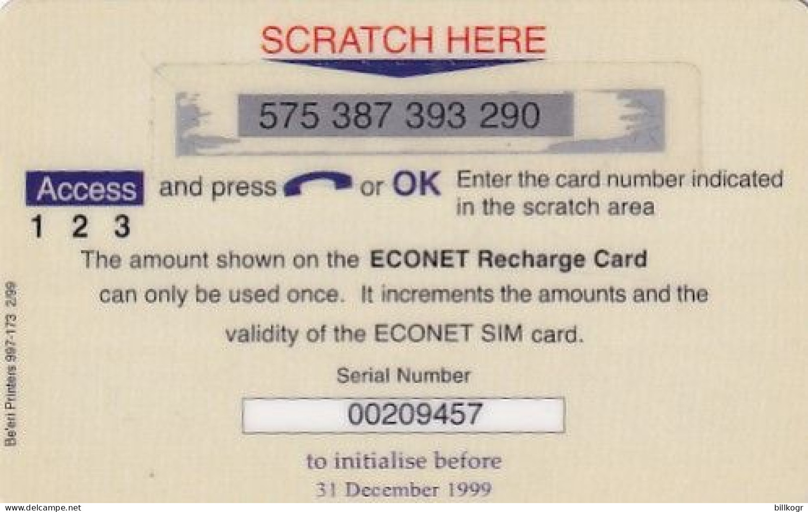 ZIMBABWE - Econet Recharge Card $100, Exp.date 31/12/99, Used - Simbabwe