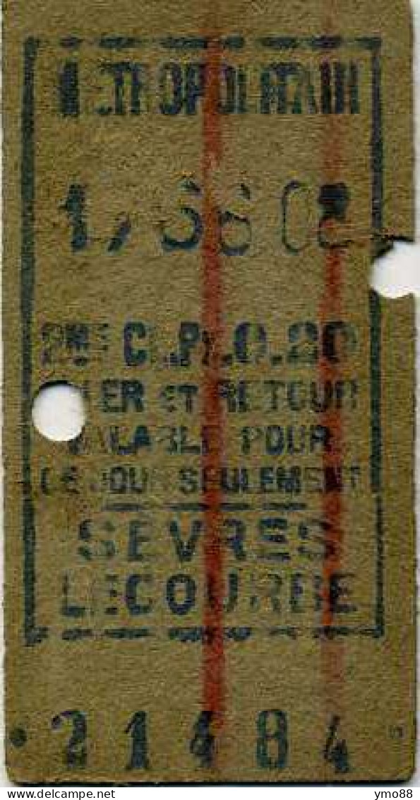 1916 Ticket / Billet De Métro Paris. SEVRES LECOURBE 176 6 08 AR 2e Classe 0,20 C. Type Encadré - Europe