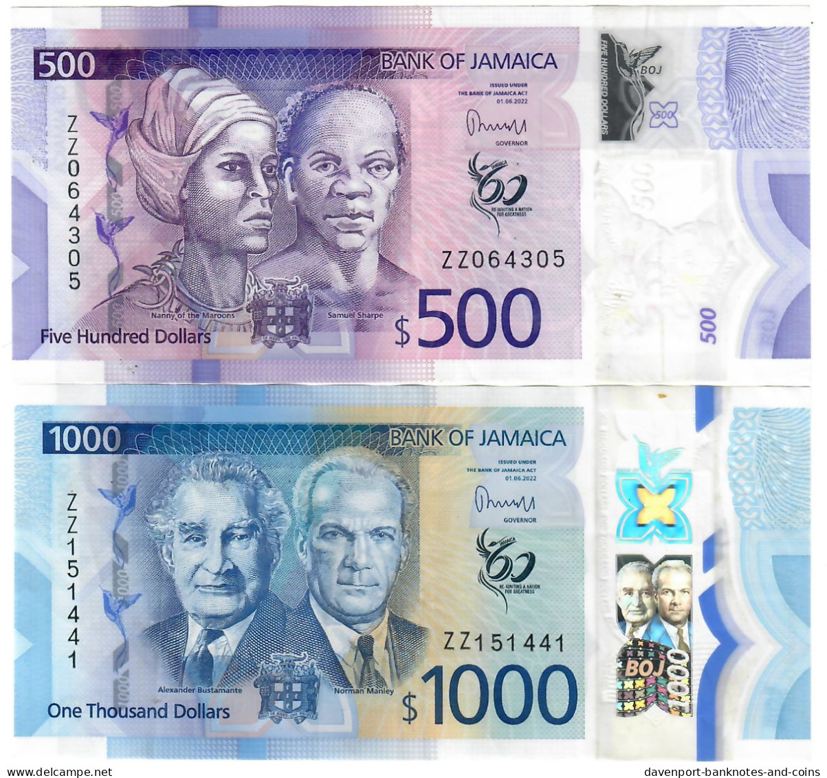 SET Jamaica 500 & 1000 Dollars 2022 (2023) VF "ZZ" Replacement - Jamaique