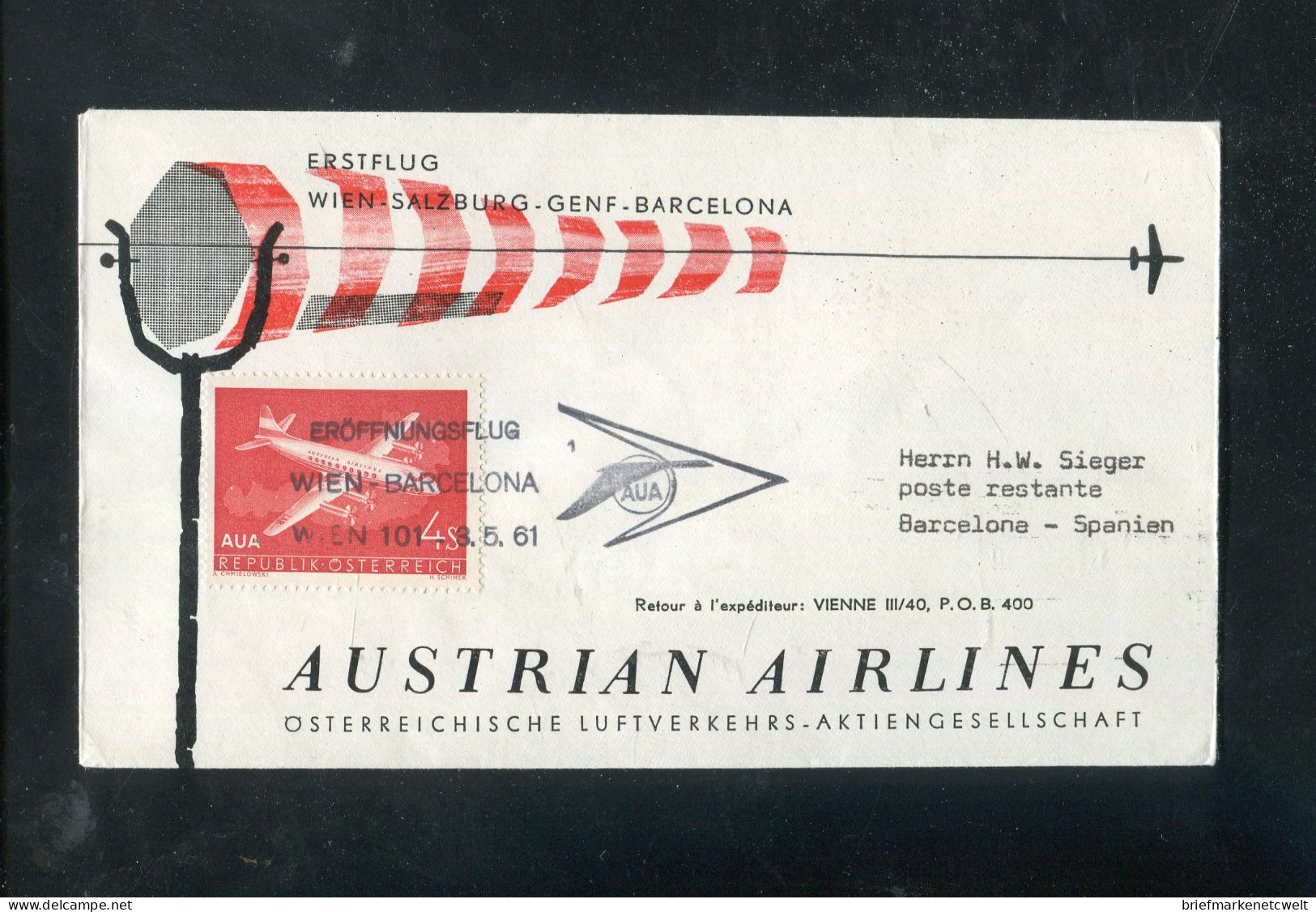 "OESTERREICH" 1961, AUA-Erstflugbrief "Wien-Barcelona" (60043) - Erst- U. Sonderflugbriefe