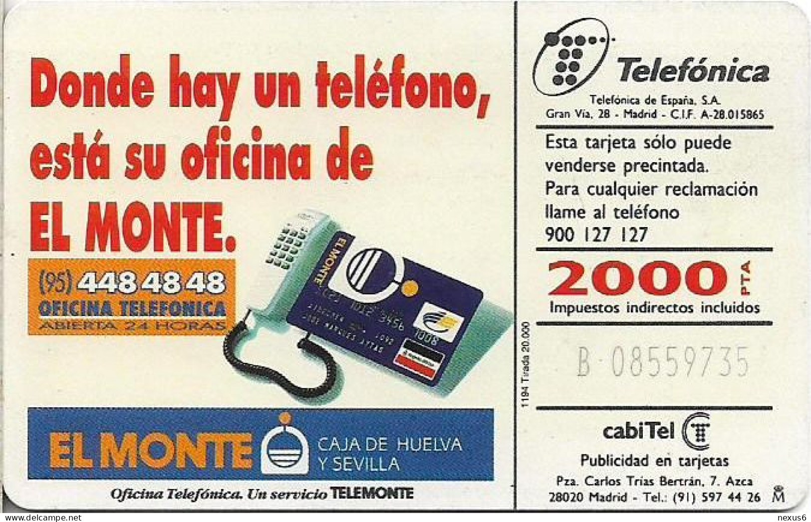 Spain - Telefónica - Provincias Españolas - Huelva - CP-058 - 11.1994, 2.100PTA, 20.000ex, Used - Conmemorativas Y Publicitarias