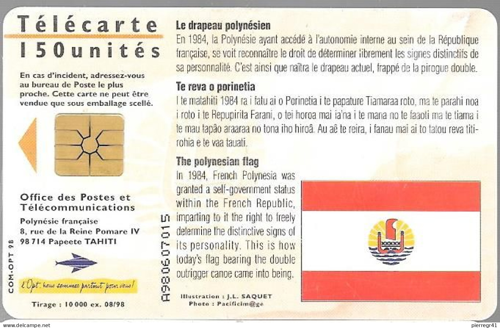 CARTE-PUCE-POLYNESIE-60U-PF73-GEMA-98/07-DRAPEAU POLYNESIEN-UTILISE-R° Petits Impacts-BE-/RARE - Frans-Polynesië