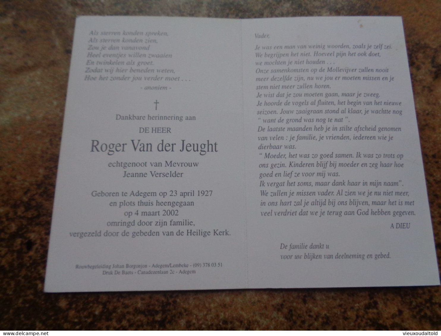 Doodsprentje/Bidprentje  Roger Van Der Jeught   Adegem 1927-2002  (Echtg J. Verselder) - Religion & Esotérisme