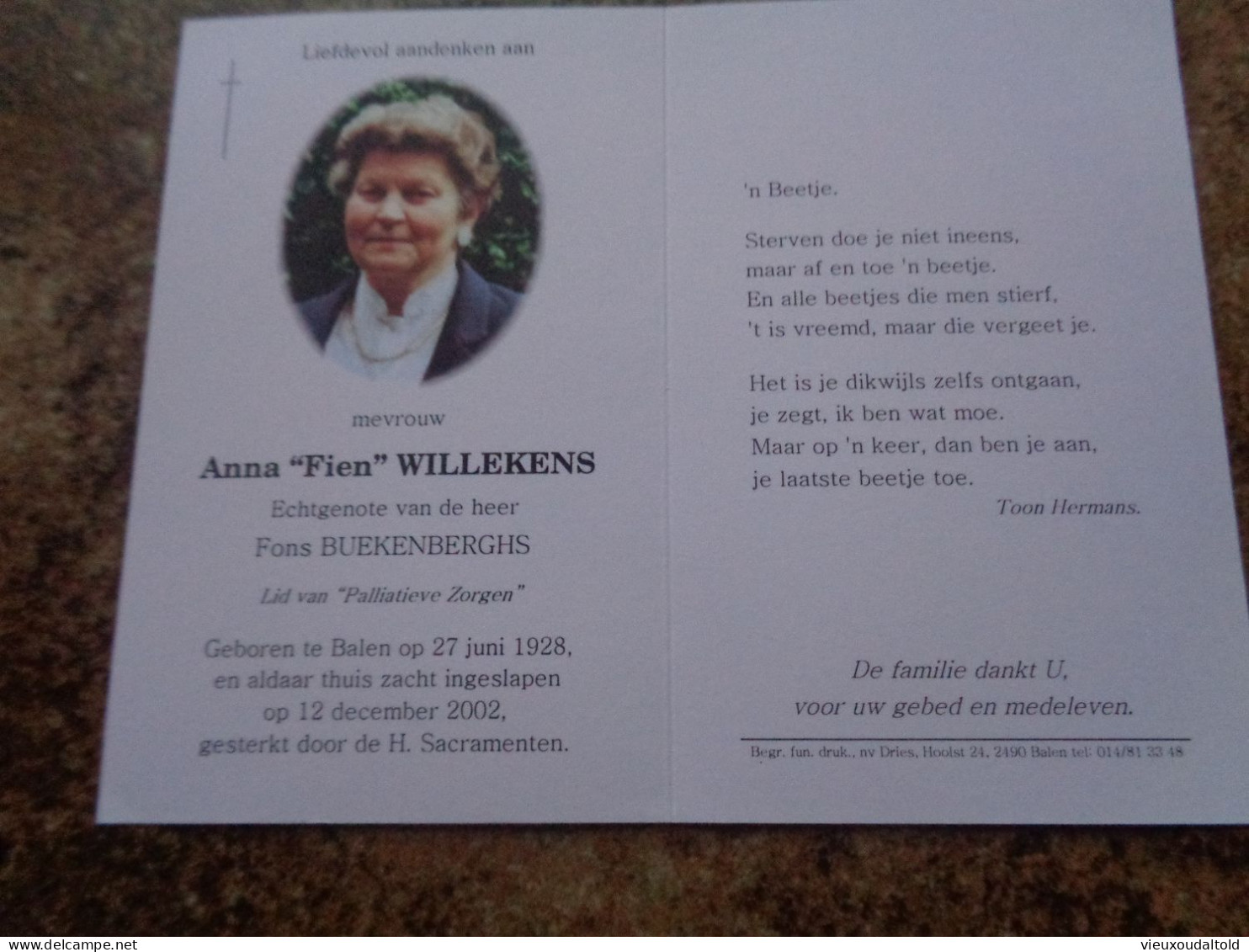 Doodsprentje/Bidprentje  Anna "Fien" WILLEKENS   Balen 1928-2002  (Echtg F. Buekenberghs) - Religion & Esotérisme