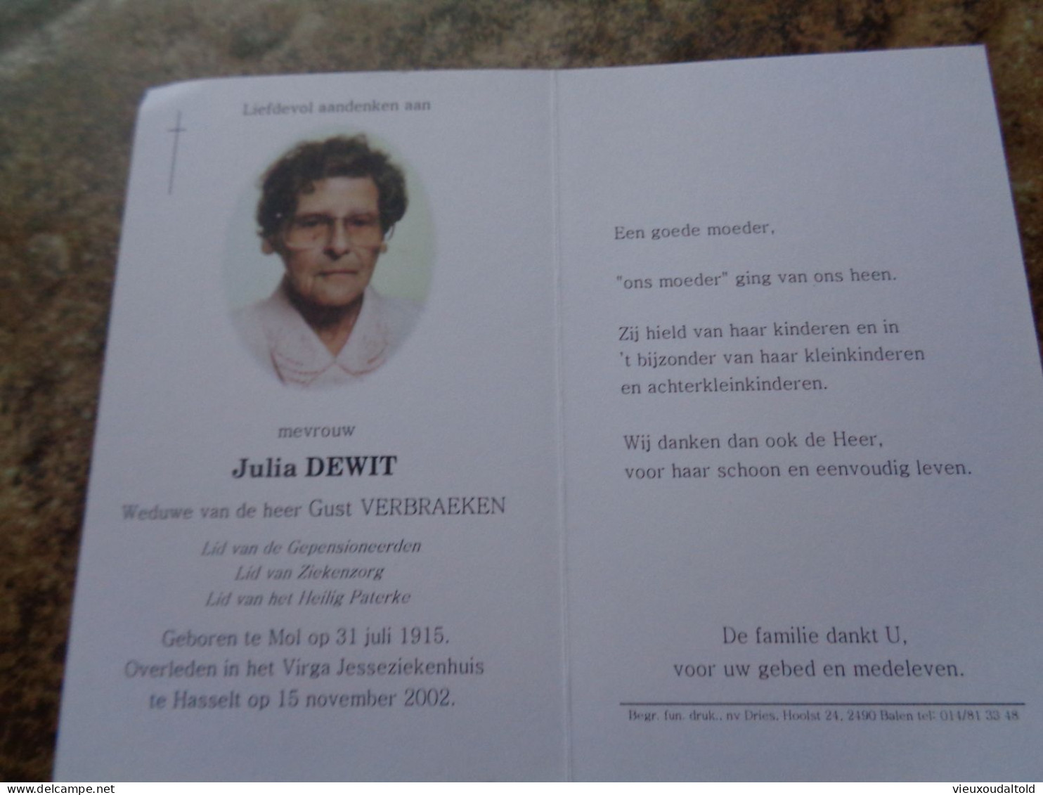 Doodsprentje/Bidprentje  Julia DEWIT   Mol 1915-2002 Hasselt  (Wwe Gust VERBRAEKEN) - Religion & Esotérisme