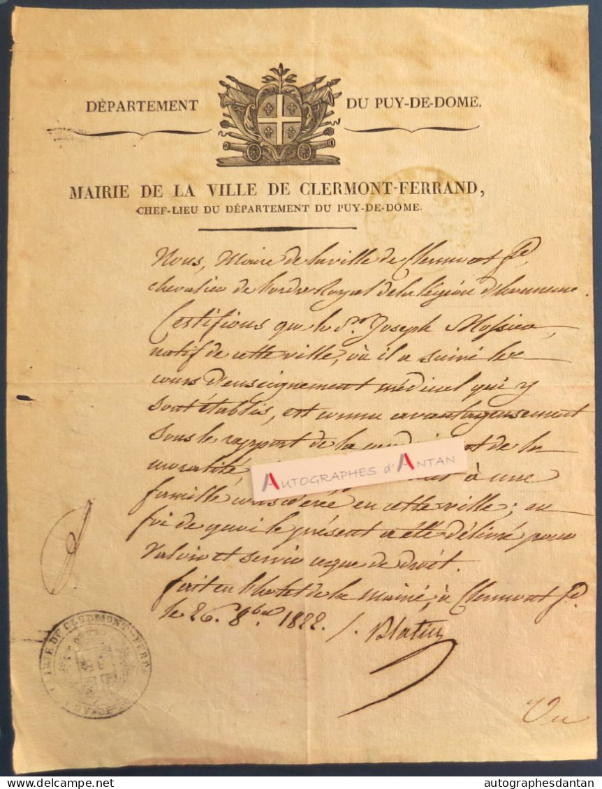 ● L.A.S 1822 Antoine BLATIN Maire De Clermont Ferrand - Rare Lettre Autographe - Puy De Dome - Politicians  & Military