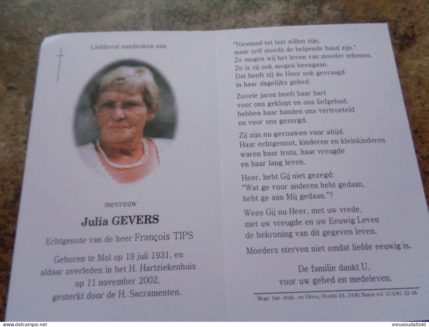 Doodsprentje/Bidprentje  Julia GEVERS   Mol 1931-2002  (Echtg F. Tips) - Religion & Esotérisme