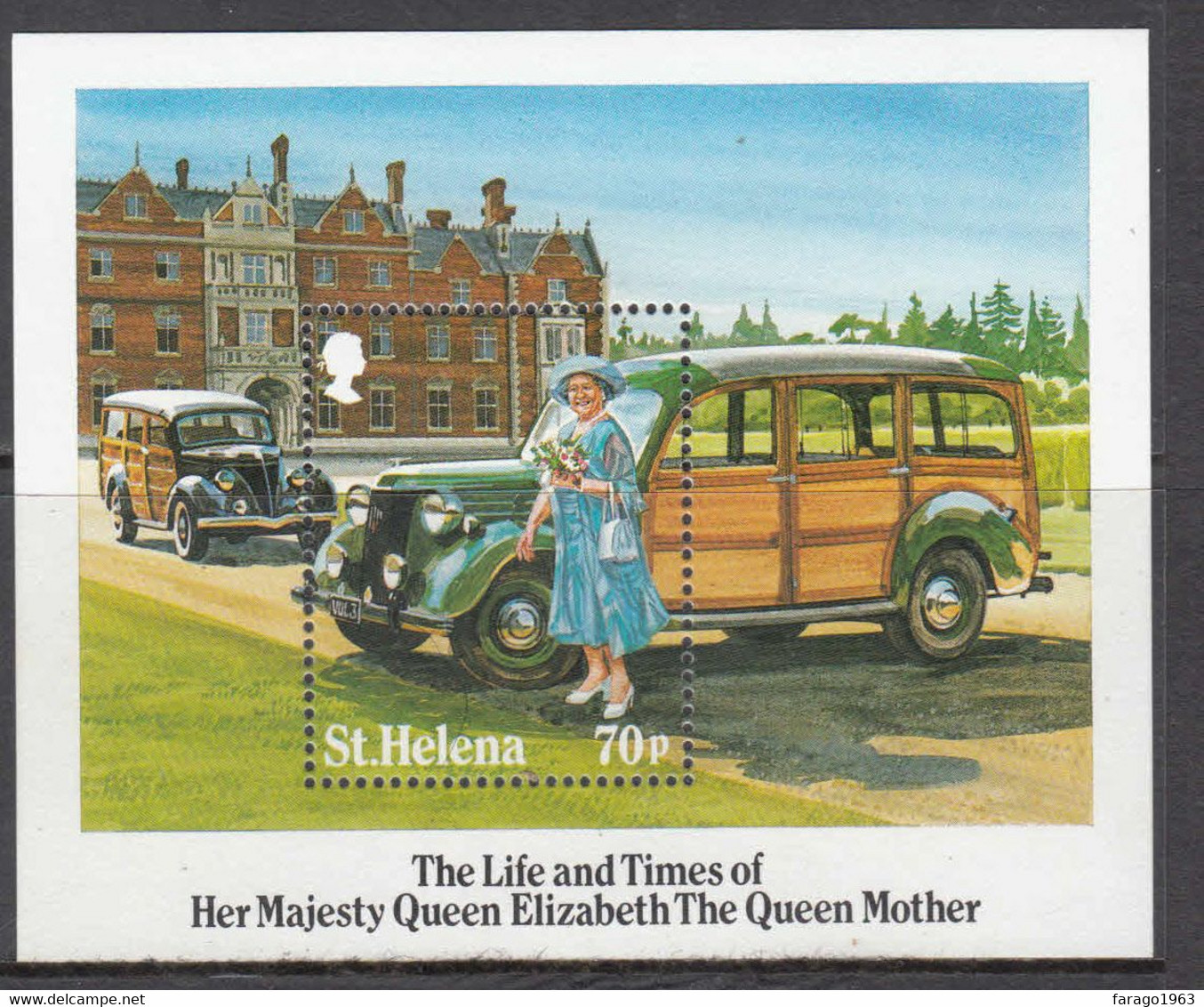 1985 St. Helena Queen Mother Ford Automobiles Royalty Souvenir Sheet MNH - Saint Helena Island