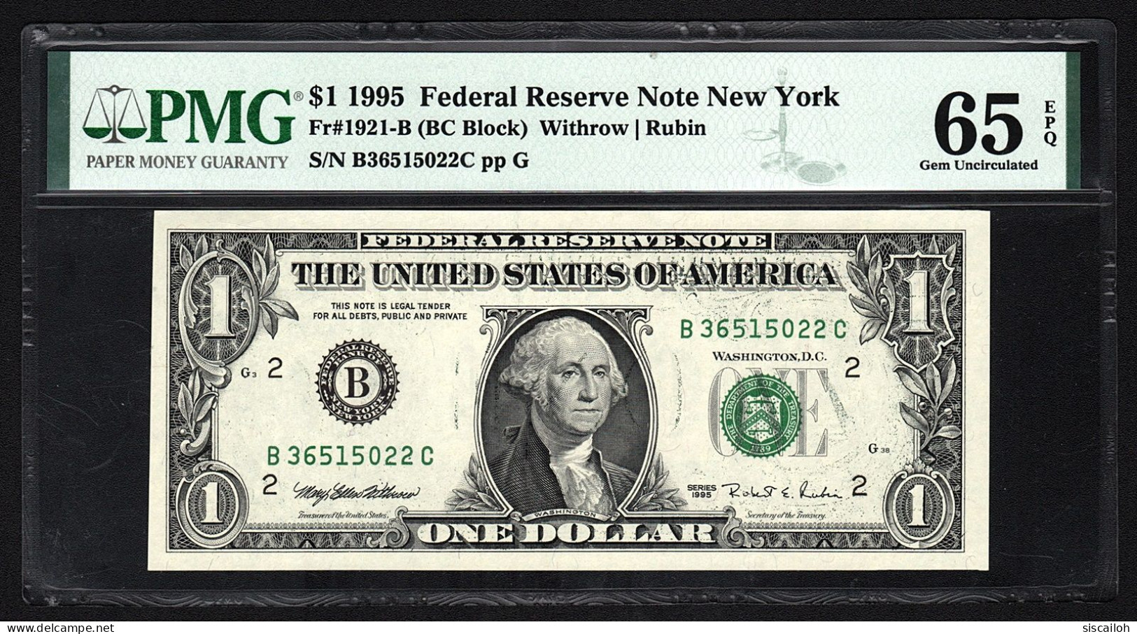 1995 USA Federal Reserve Note New York, $1 One Dollar, Fr#1921-B (BC Block) Withrow/Rubin, PMG 65 EPQ Gem UNC - Billets De La Federal Reserve (1928-...)