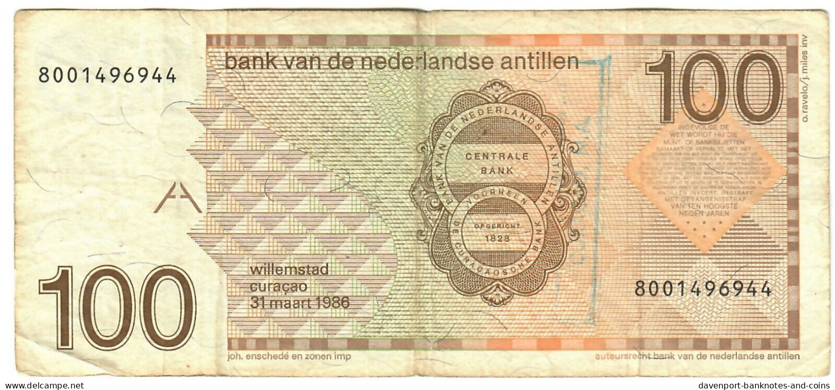 Netherlands Antilles 100 Guilders (Gulden) 1986 F - Nederlandse Antillen (...-1986)