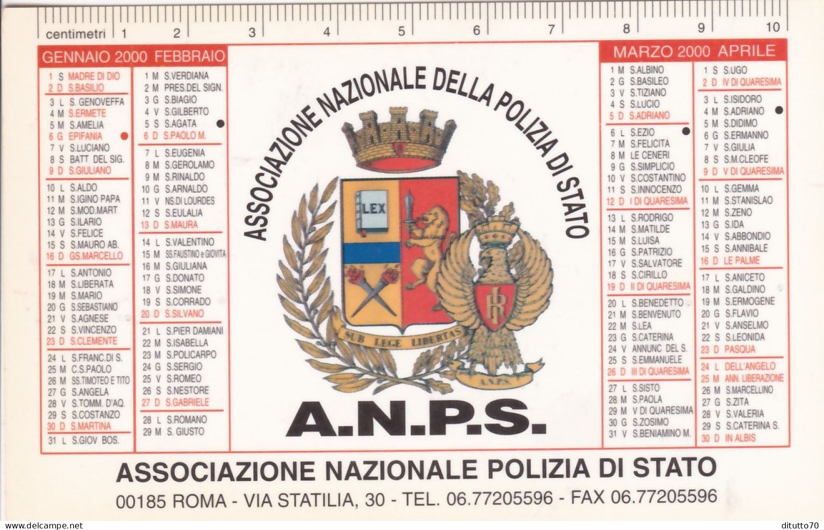 Calendarietto - Associazione Nazionale Polizia Di Stato- Anno 2000 - Petit Format : 1991-00