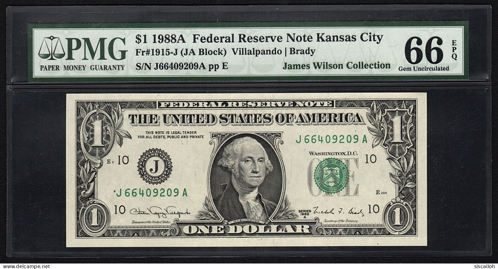 1988A USA Federal Reserve Note Kansas City, $1 One Dollar, Fr#1915-J (JA Block) Villalpando/Brady, PMG 66 EPQ Gem UNC - Billets De La Federal Reserve (1928-...)