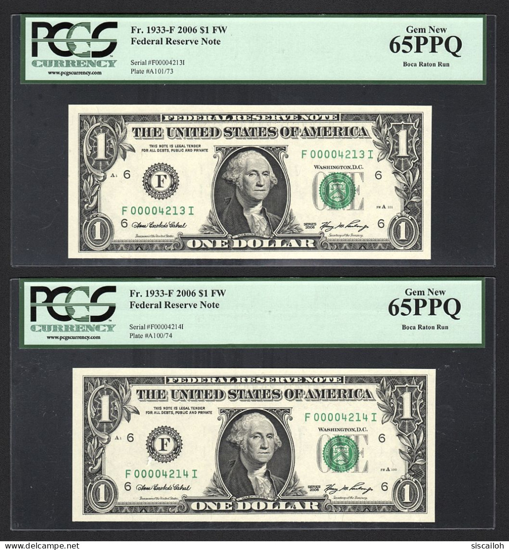 2006 USA $1 Federal Reserve Notes, Fr. 1933-F 2006 FW, F 00004213 I & F 00004214 I, PCGS 65 PPQ Gem New - Federal Reserve Notes (1928-...)