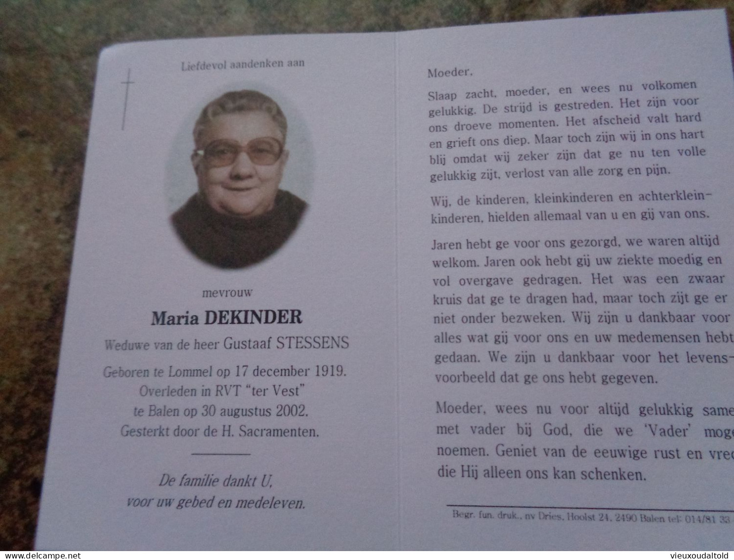 Doodsprentje/Bidprentje  Maria DEKINDER   Lommel 1919-2002 Balen  (Wwe Gustaaf STESSENS) - Religion & Esotérisme