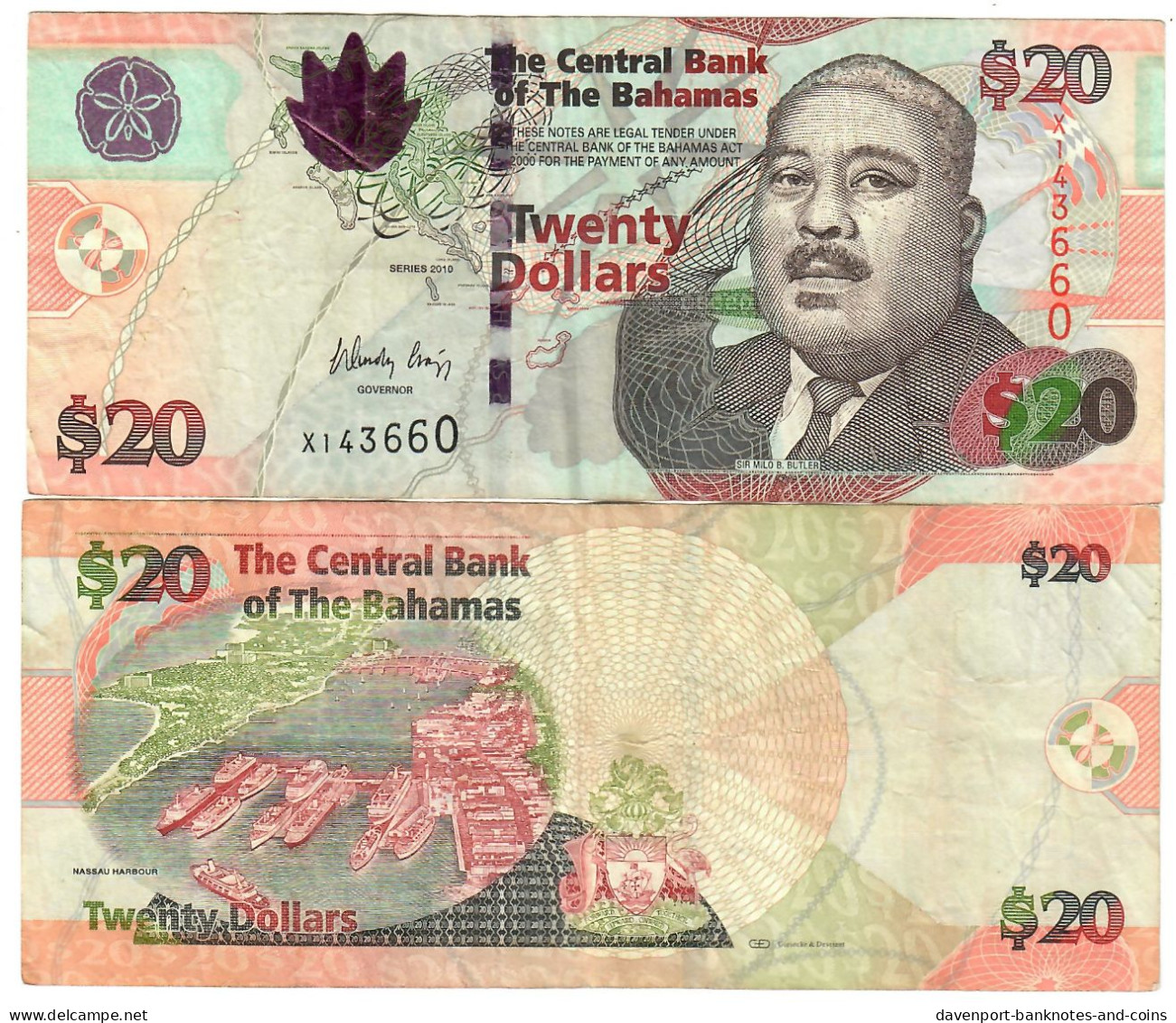 The Bahamas 20 Dollars 2010 F/VF "X" Craigg - Bahama's