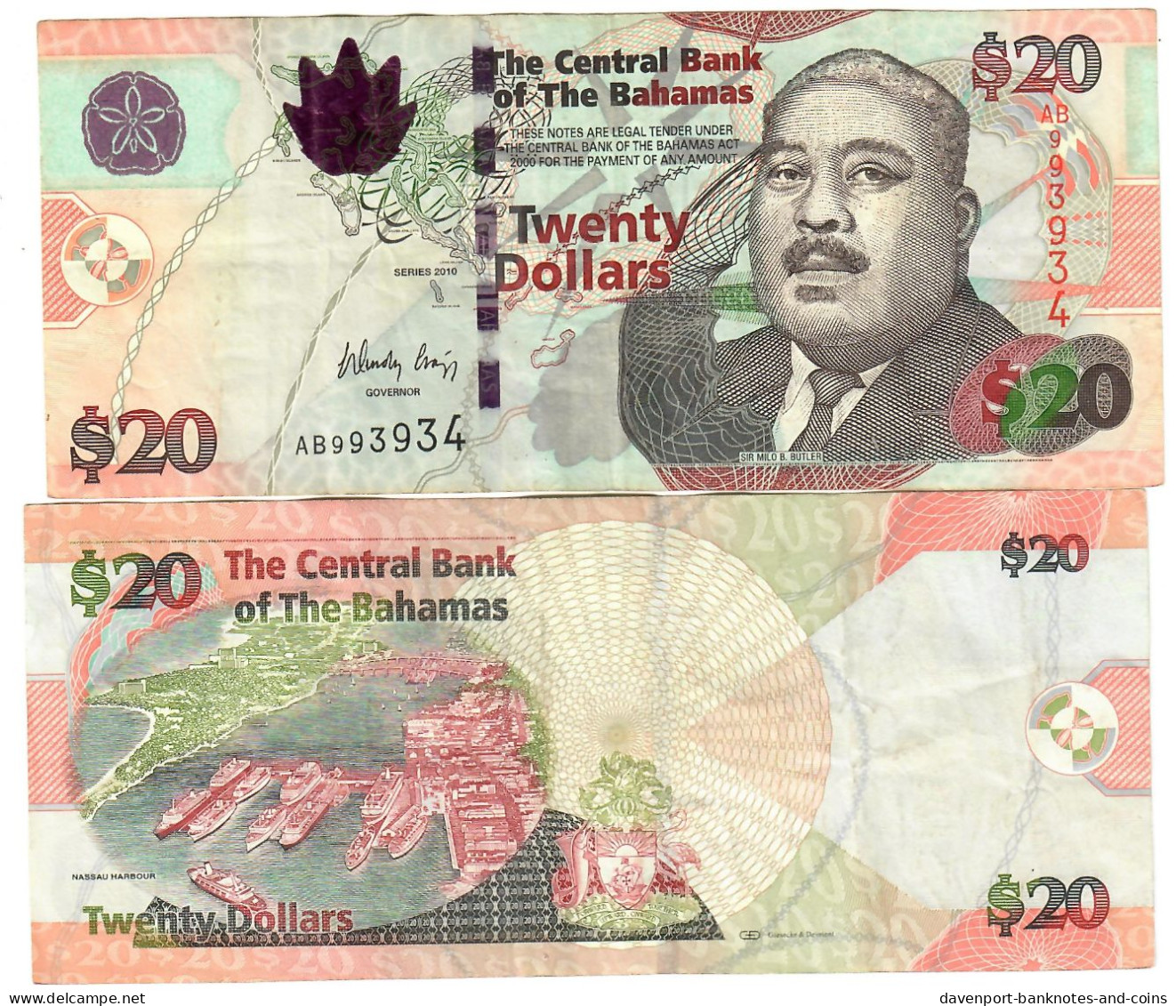 The Bahamas 20 Dollars 2010 F/VF "AB" Craigg - Bahamas