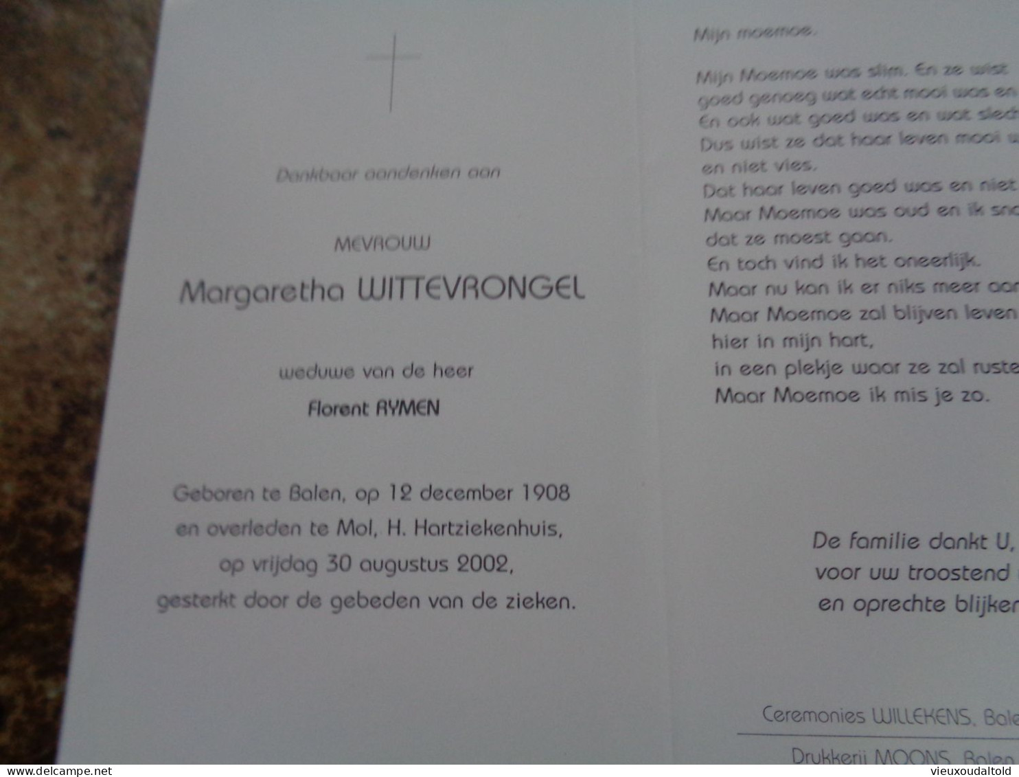 Doodsprentje/Bidprentje  Margaretha WITTEVRONGEL   Balen 1908-2002 Mol  (Wwe Florent RYMEN) - Religion & Esotérisme