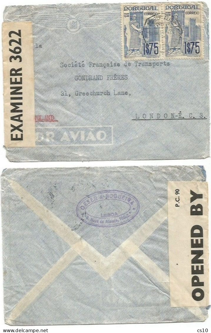 Portugal Censored AirmailCV Lisboa 4jan1941 X London With HV 1$75 In Pair - Lettres & Documents