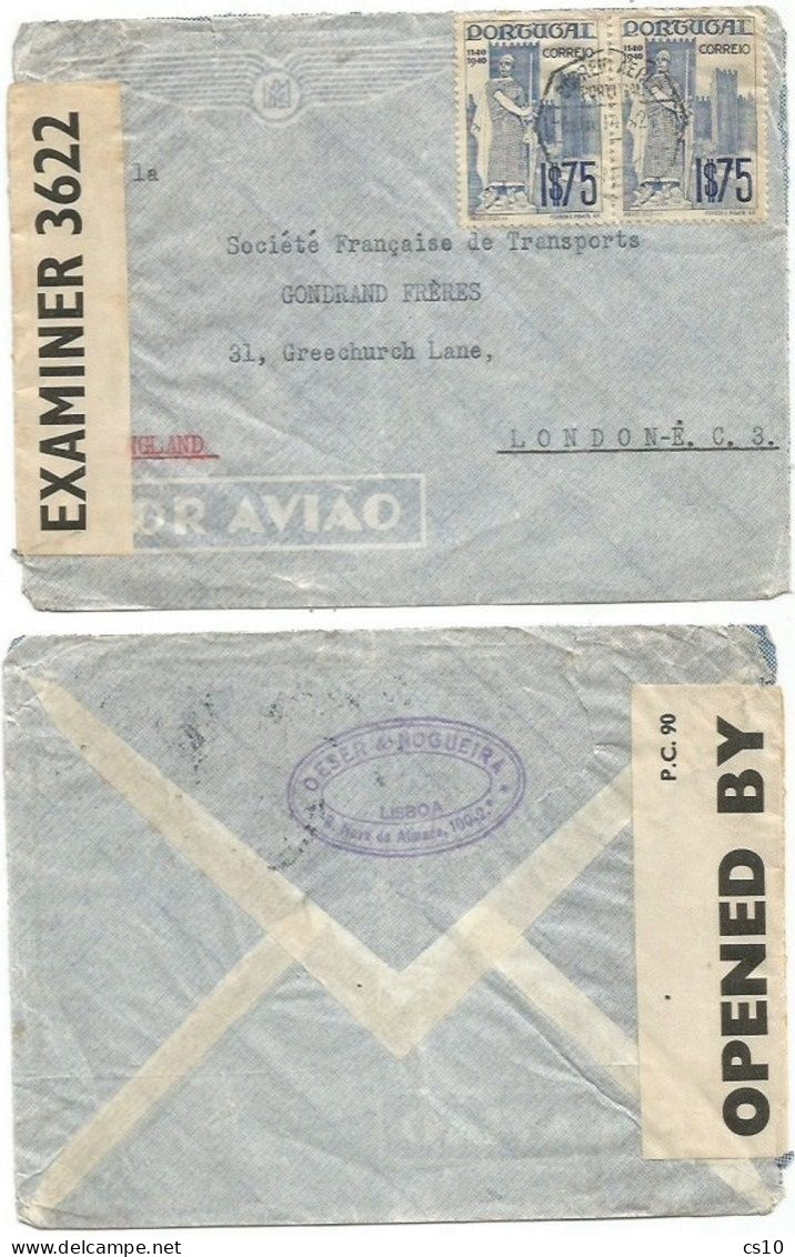 Portugal Censored AirmailCV Lisboa 4jan1941 X London With HV 1$75 In Pair - Marcophilie