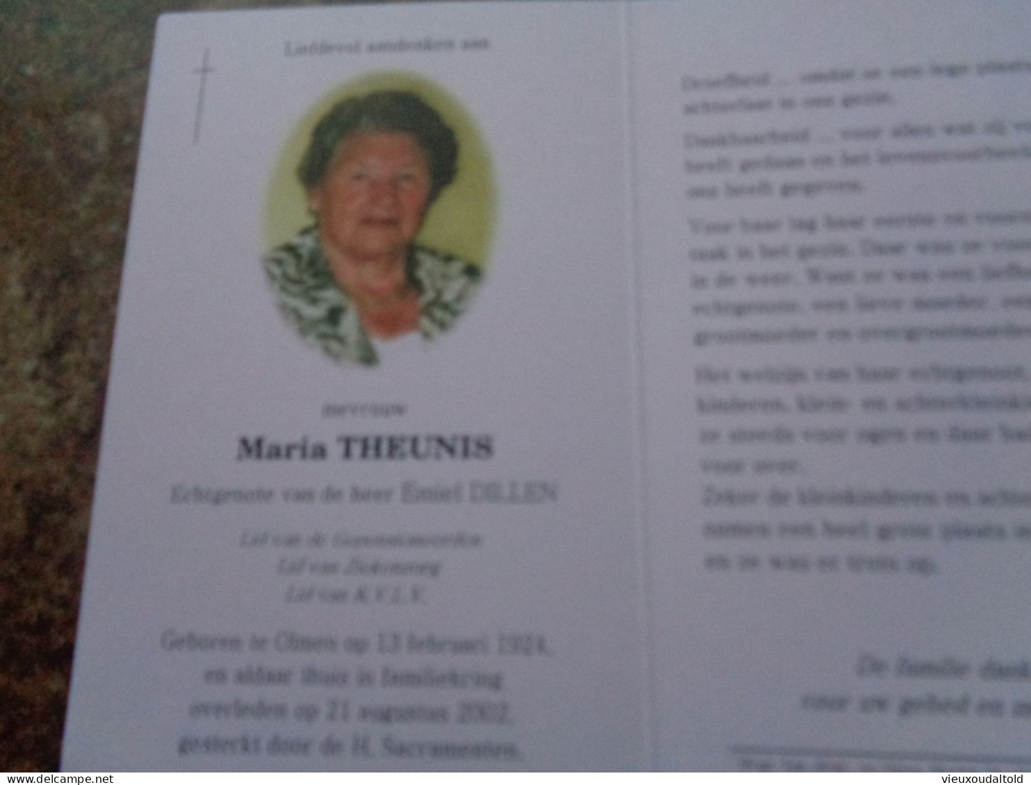 Doodsprentje/Bidprentje  Maria THEUNIS   Olmen 1924-2002  (Echtg E. Dillen) - Religion & Esotérisme