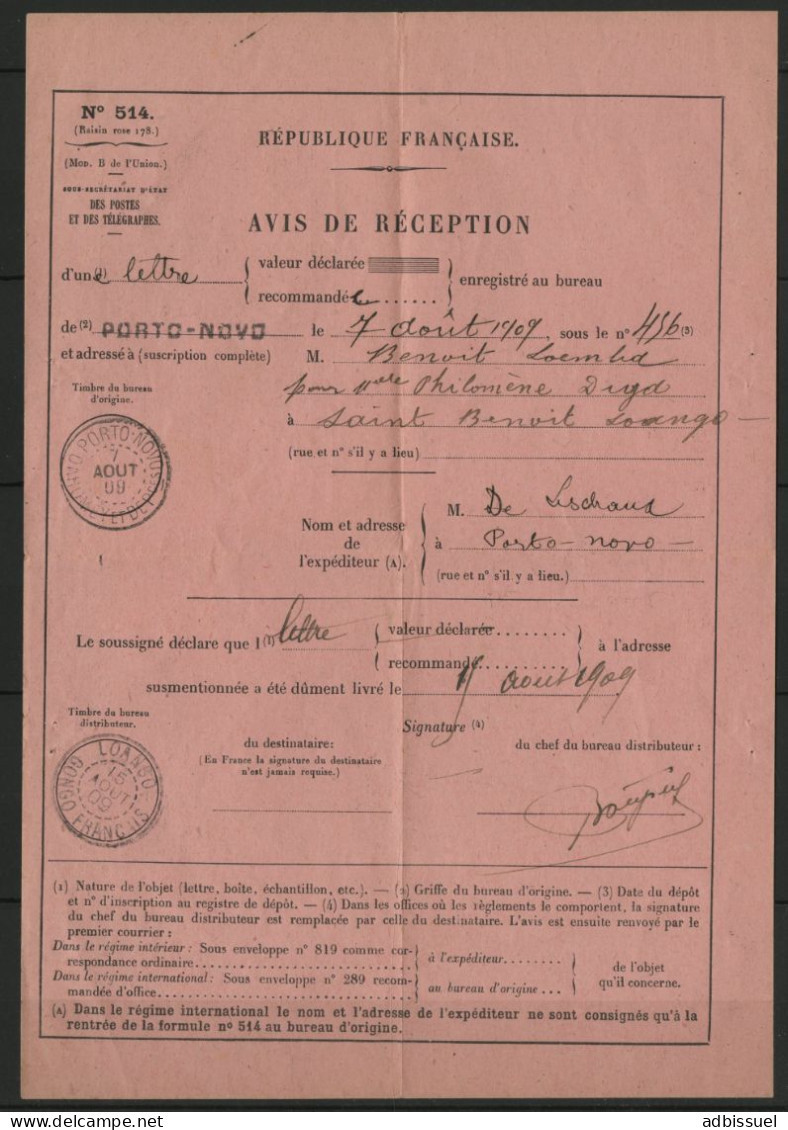 N° 22 VARIETE LEGENDE DAHOMEY DECALEE AVIS DE RECEPTION D'UN RECOMMANDE DE PORTO-NOVO Dahomey En 1909 Voir Suite - Covers & Documents