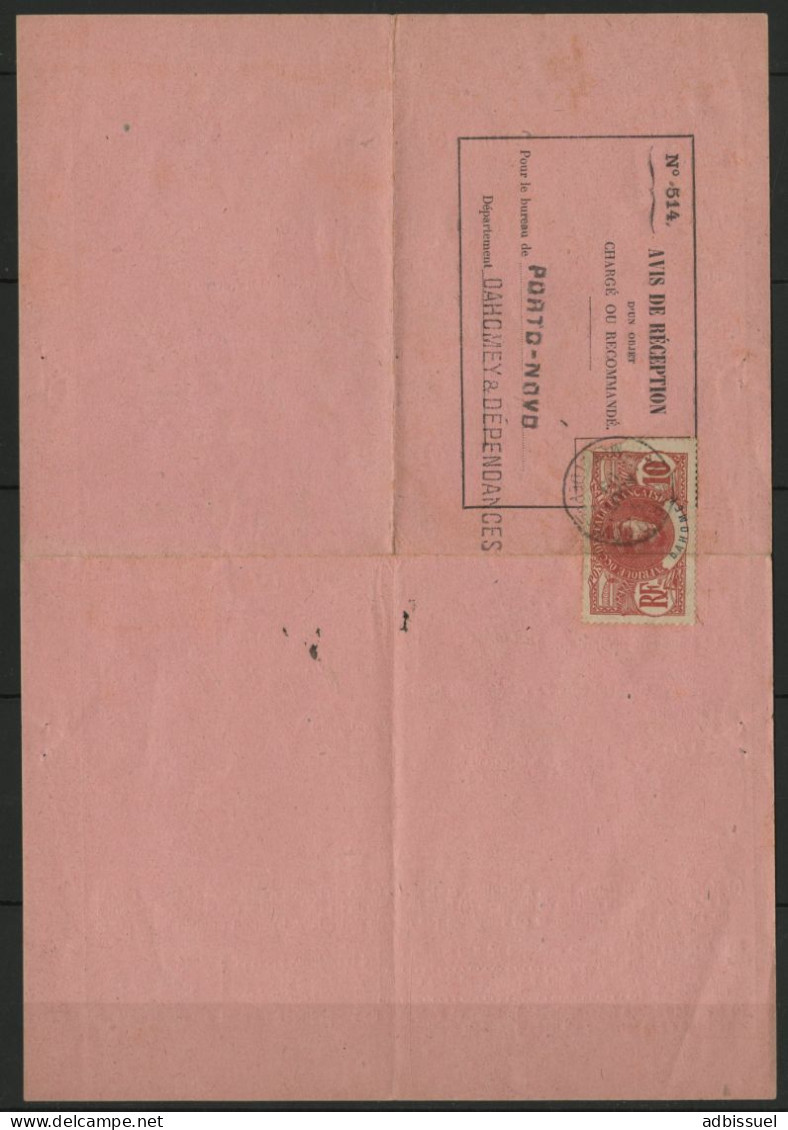 N° 22 VARIETE LEGENDE DAHOMEY DECALEE AVIS DE RECEPTION D'UN RECOMMANDE DE PORTO-NOVO Dahomey En 1909 Voir Suite - Storia Postale