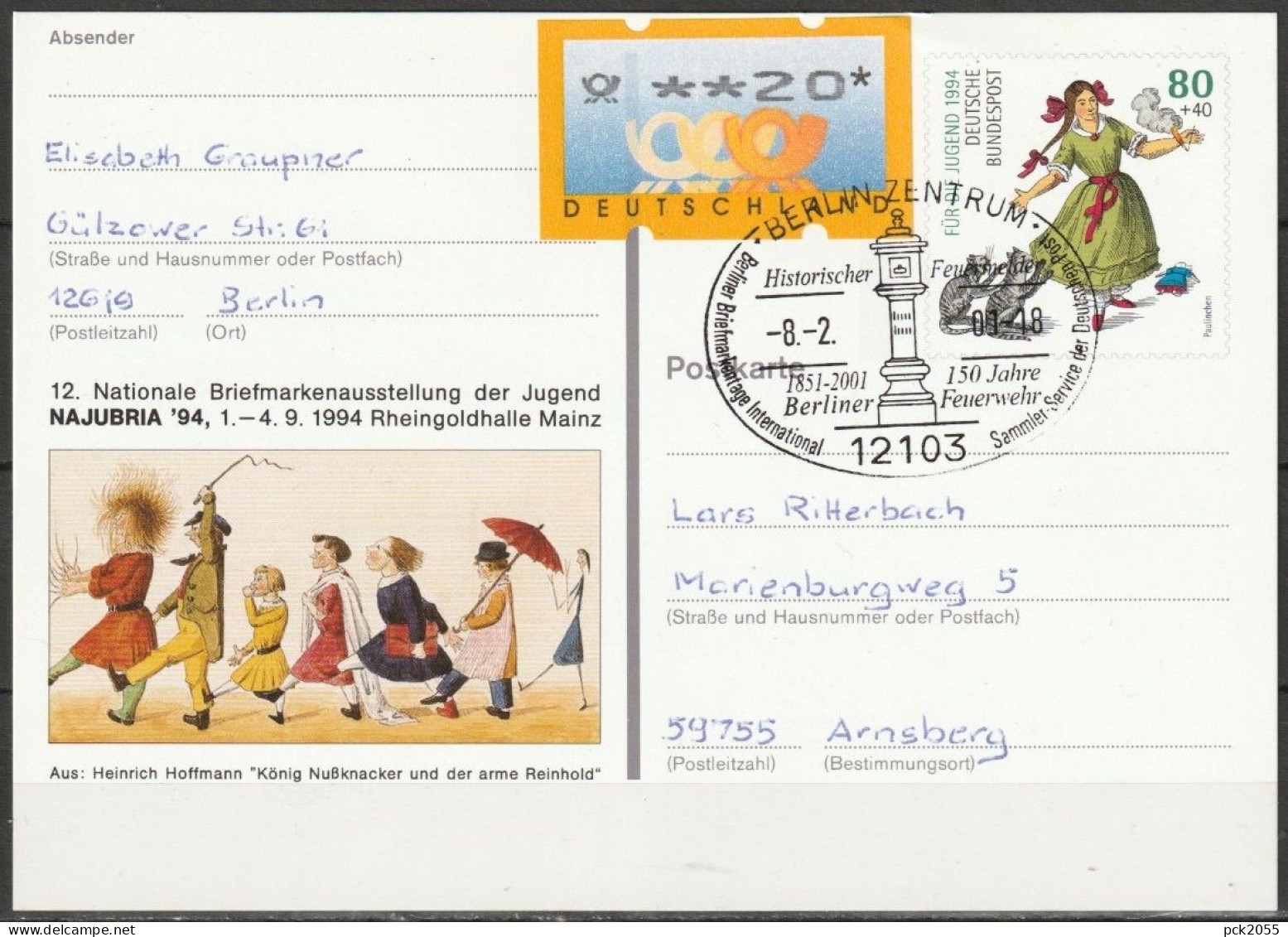 BRD Ganzsache 1994 PSo 34 NAJUBRIA 94 Mainz SST. Berlin Historischer Feuermelder 8.2.2001 (d 3547)günstige Versandkosten - Postkarten - Gebraucht