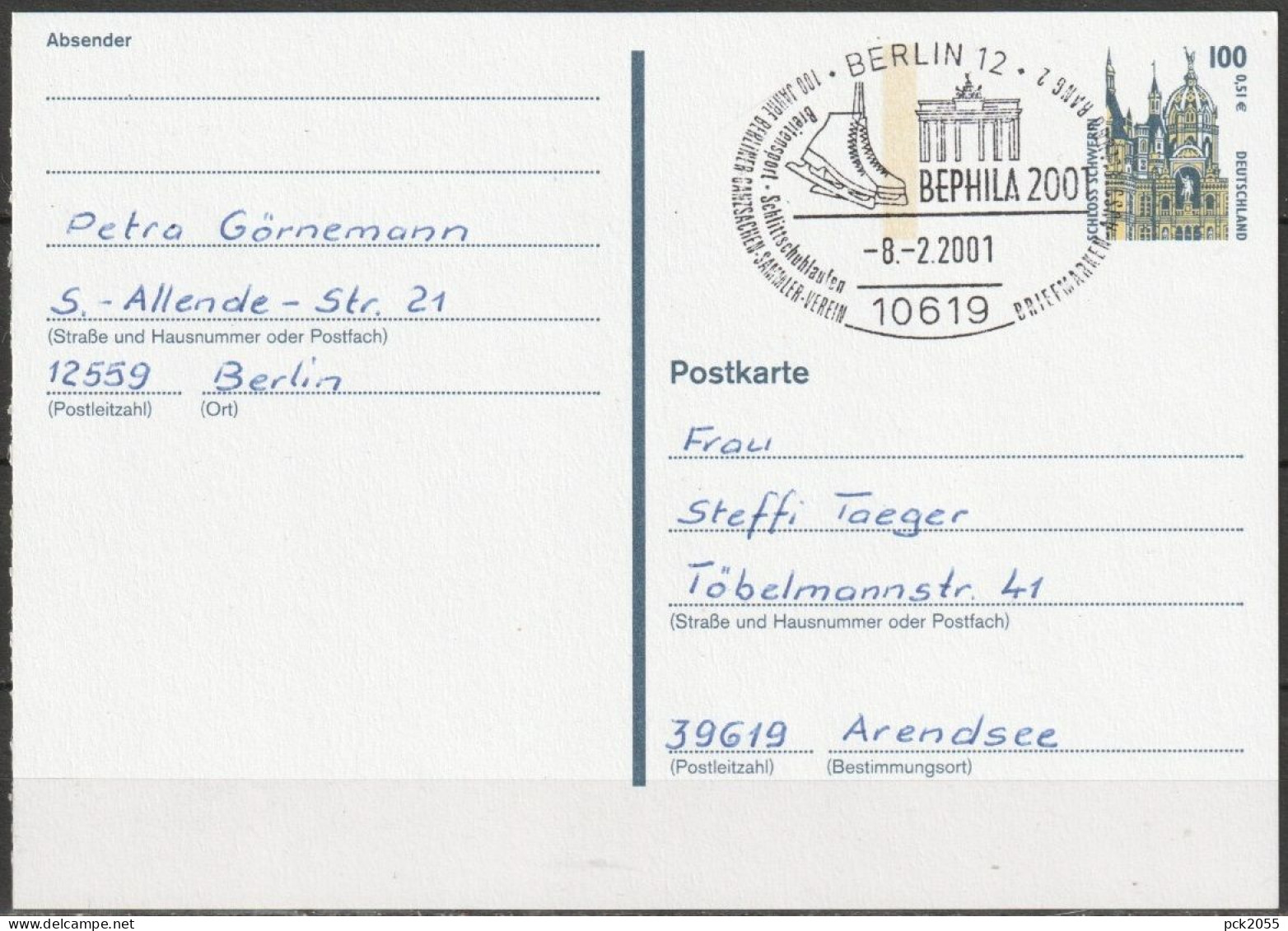 Bund Ganzsache 2001  Nr. P 162 SoST. Berlin BEPHILA2001  8.2.2001  ( D 3541 ) - Postkarten - Gebraucht