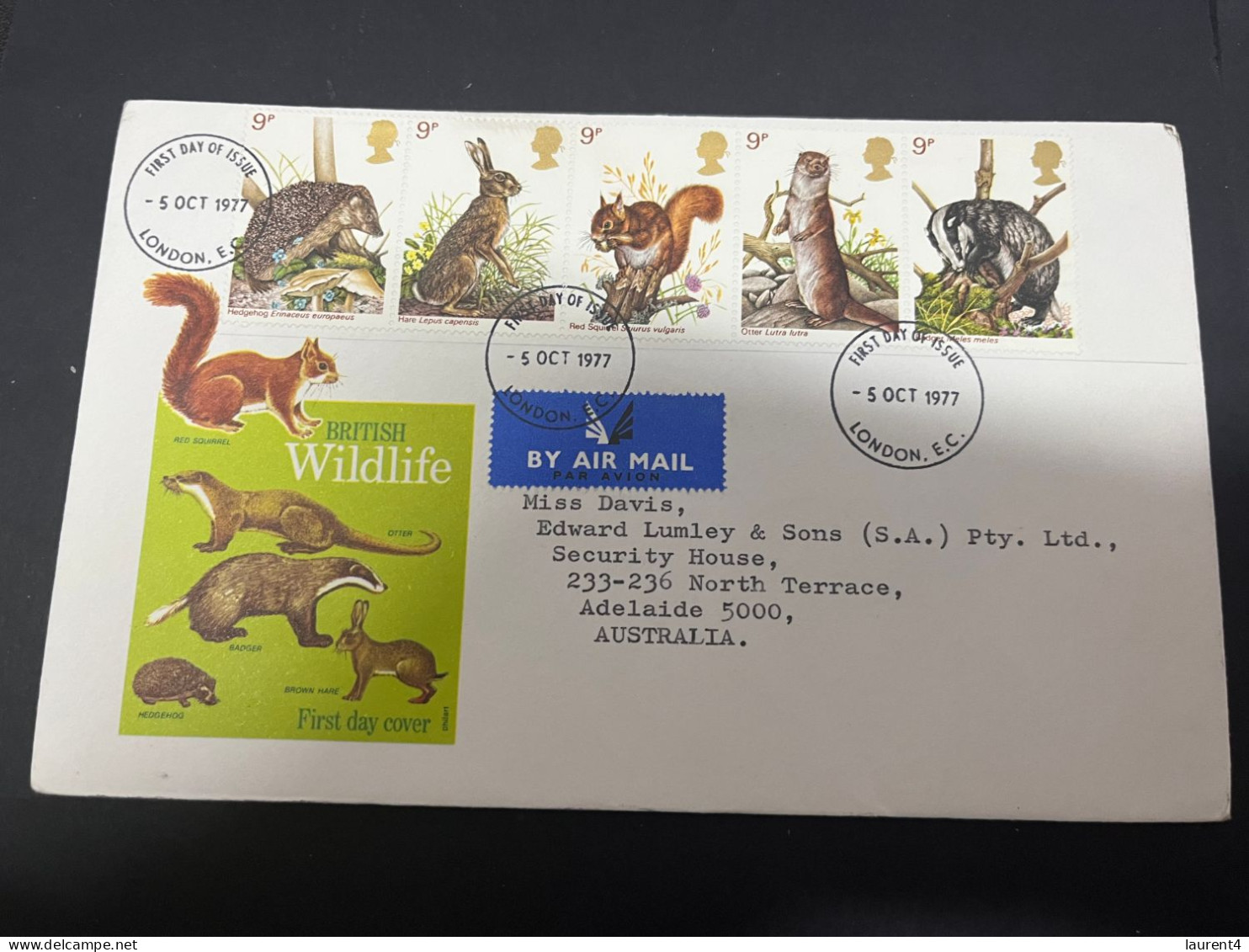 8-2-2024 (3 X 39) UK (Great Britain) FDC - 1977 - British Wildlfe (Squirrel - Hare - Hedgehog - Otter - Badger) - 1971-80 Ediciones Decimal
