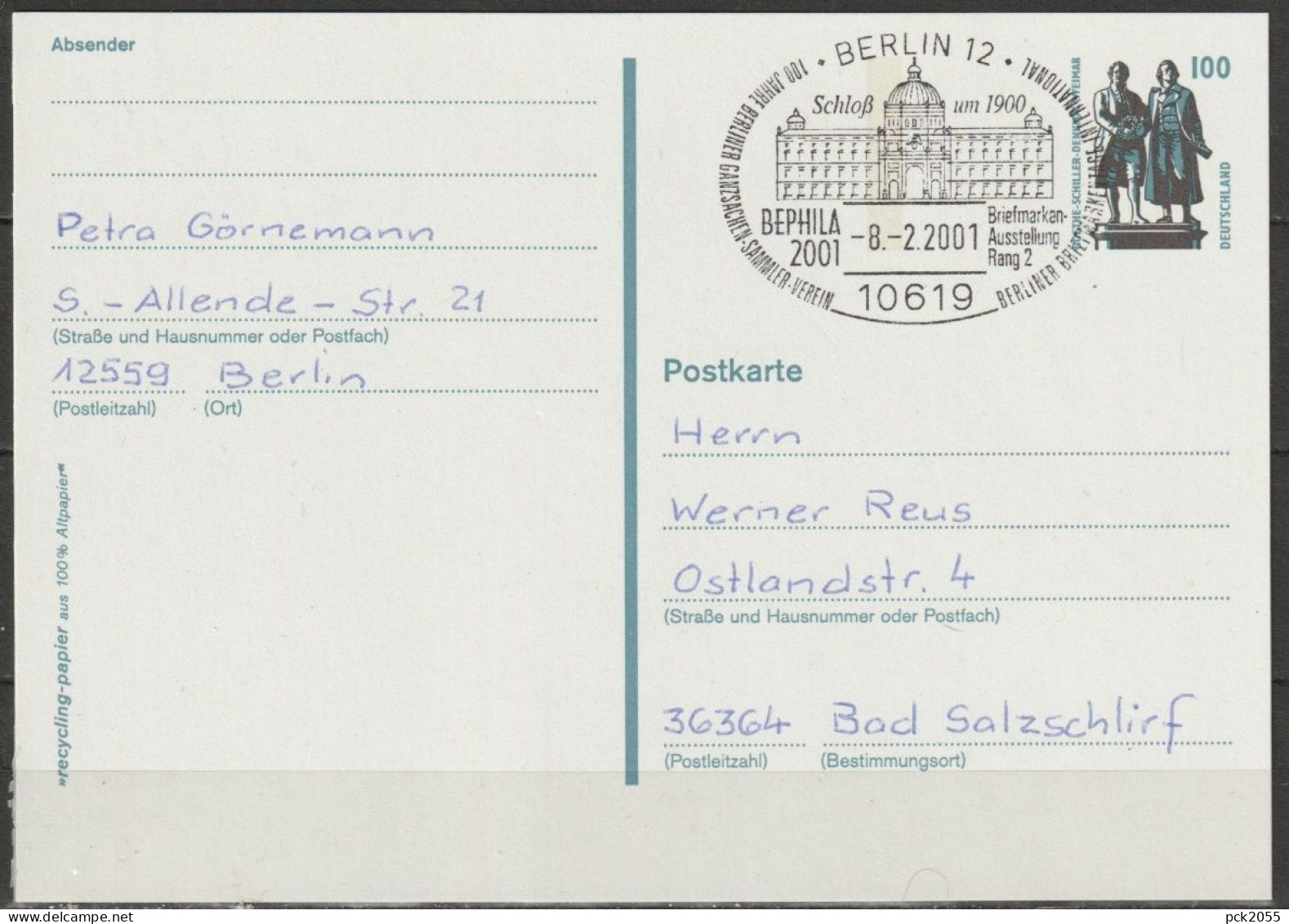 BRD Ganzsache 1997 Mi-Nr. P 157 Sonderstempel Berlin Schloß Um 1900 8.2.2001  ( D 3555 ) - Postkaarten - Gebruikt