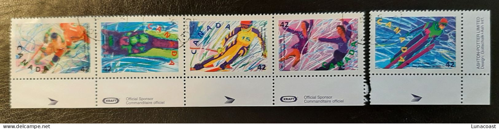 Canada 1992  USED  Sc1403a  Strip Of 4 + 1  X 42c, Winter Olympics - Oblitérés