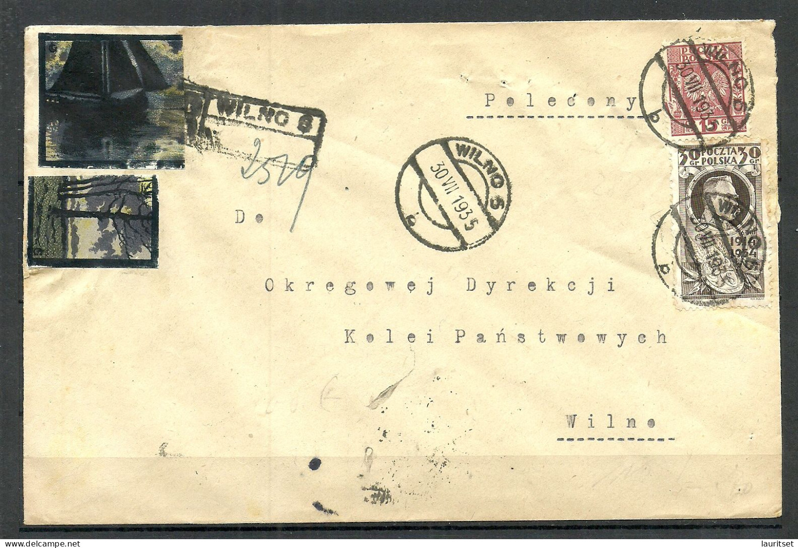 POLEN Poland (now Lithuania) 1935 O WILNO (Vilnius) Registered Cover With Interesting Cinderellas/vignettes - Covers & Documents
