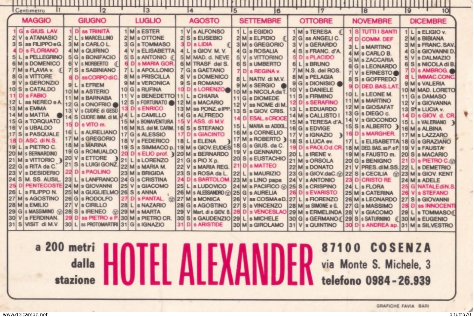 Calendarietto - Hotel Alexander - Cosenza - Anno 1980 - Kleinformat : 1971-80