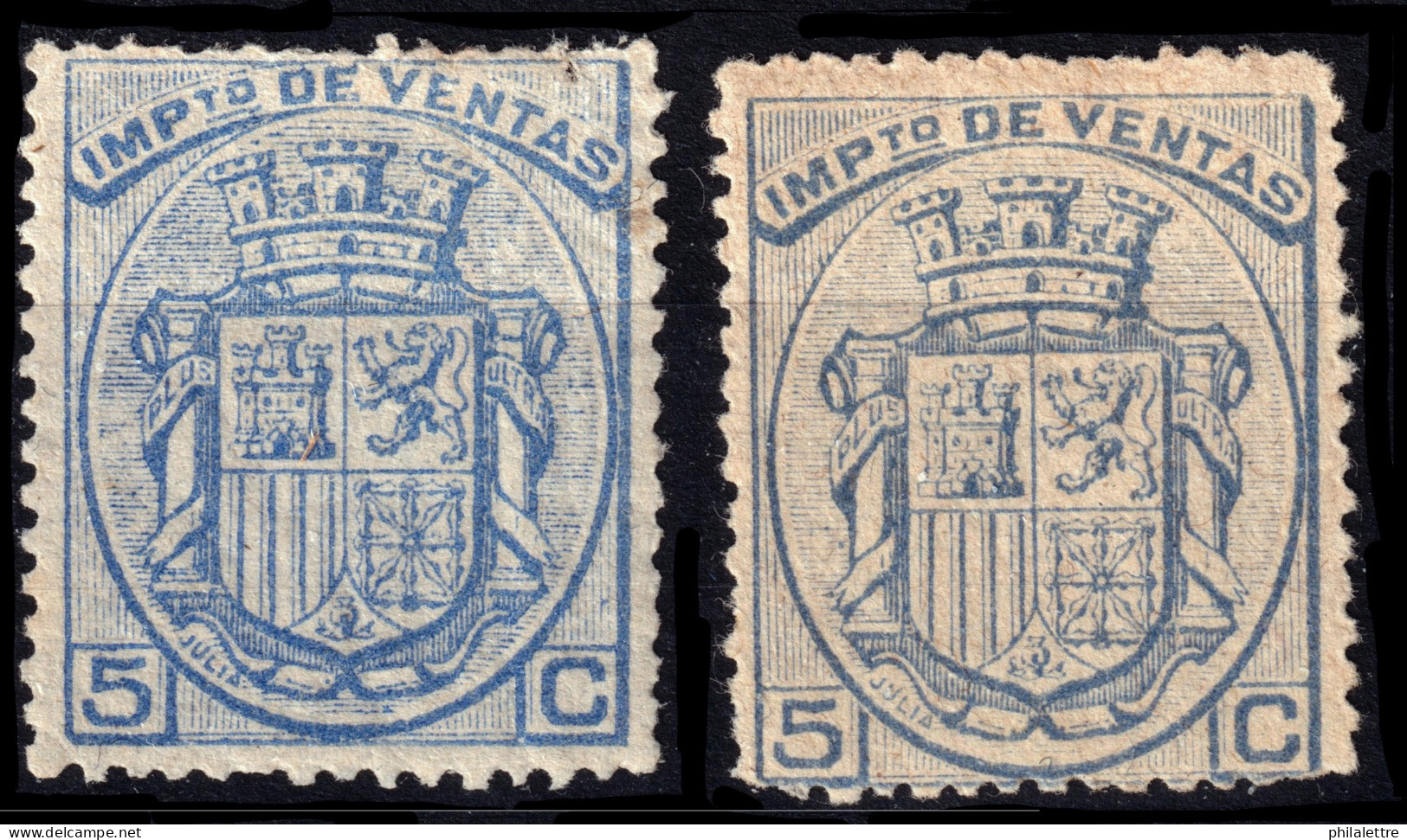 ESPAGNE / ESPANA / SPAIN - 1875/77 SELLOS "IMPUESTO DE VENTAS" Ed.1 & 1a 5c Azul Y 5c Ultramar - Nuevos Con Goma - Revenue Stamps