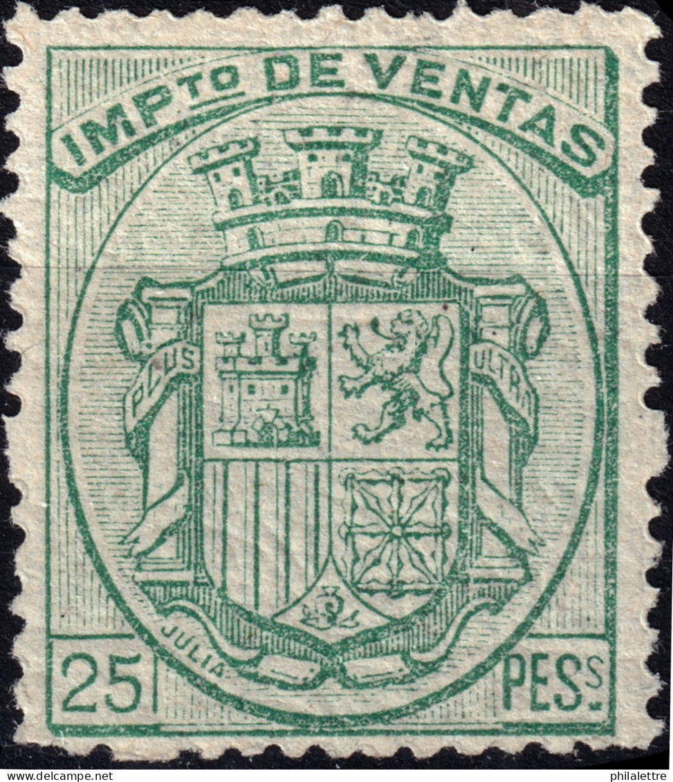 ESPAGNE / ESPANA / SPAIN - 1875/77 SELLOS "IMPUESTO DE VENTAS" Ed.3 25 Ptas Verde - Nuevo ** RR (c.120€) - Revenue Stamps