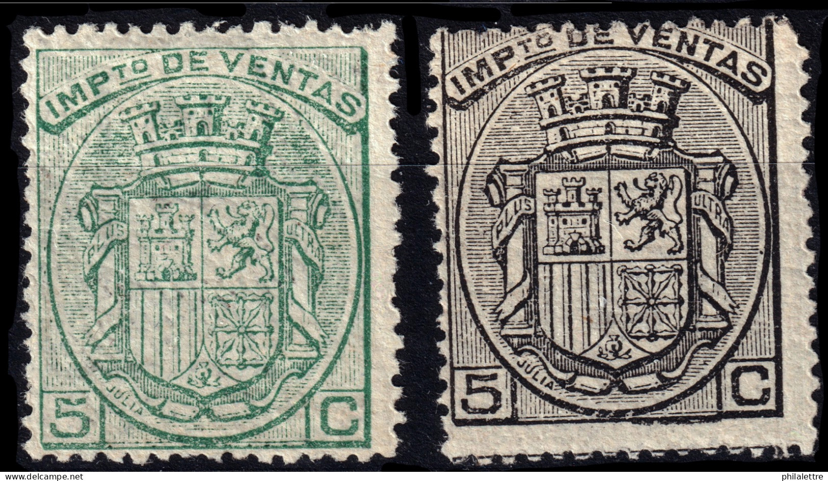 ESPAGNE / ESPANA / SPAIN - 1875/77 SELLOS "IMPUESTO DE VENTAS" Ed.4/5 5c Verde Y 5c Negro - Nuevo ** R (c.100€) - Fiscales