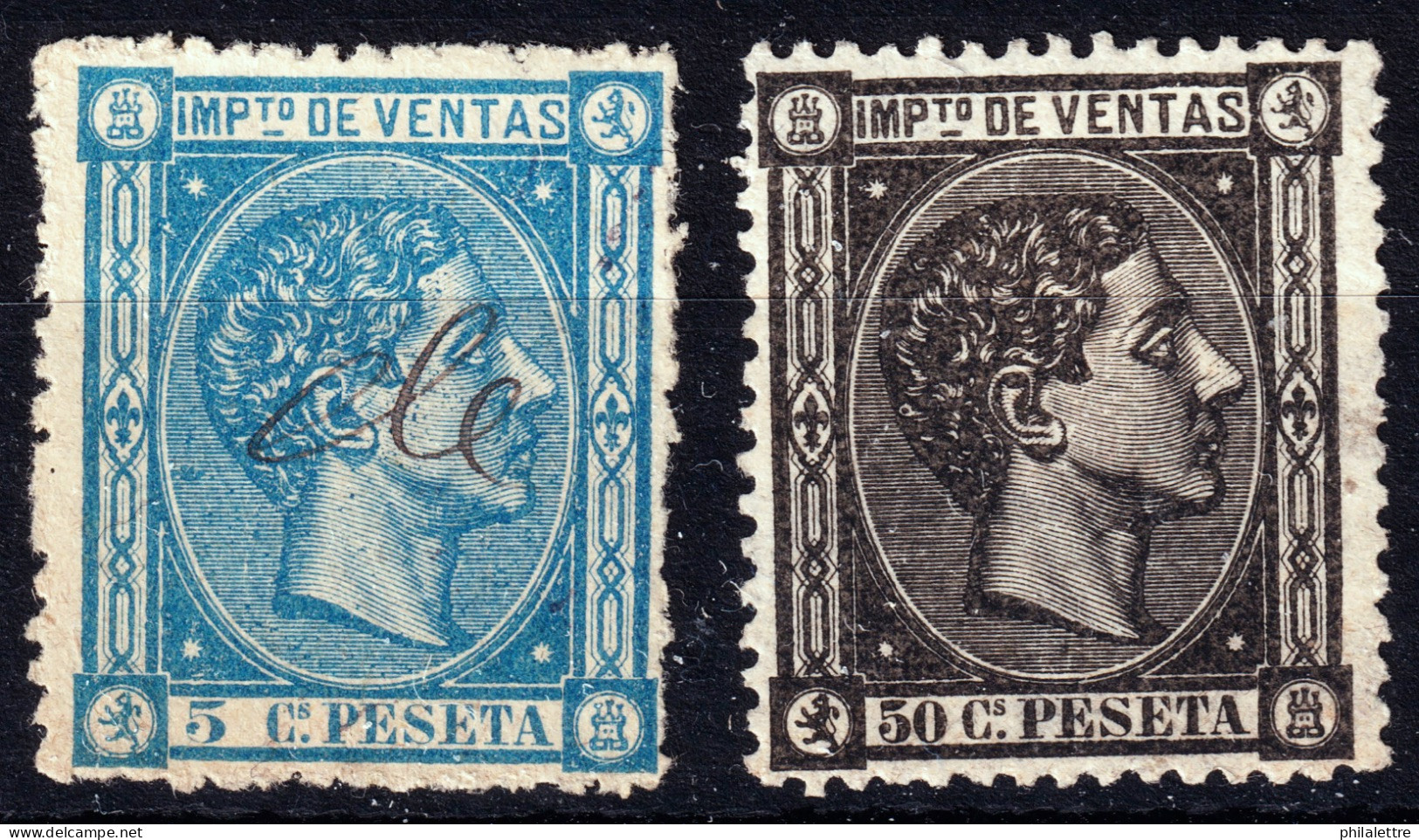 ESPAGNE / ESPANA / SPAIN - 1875/77 SELLOS "IMPUESTO DE VENTAS" Ed.6/7 5c Azul Usado Y 50c Negro Nuevo - Fiscali