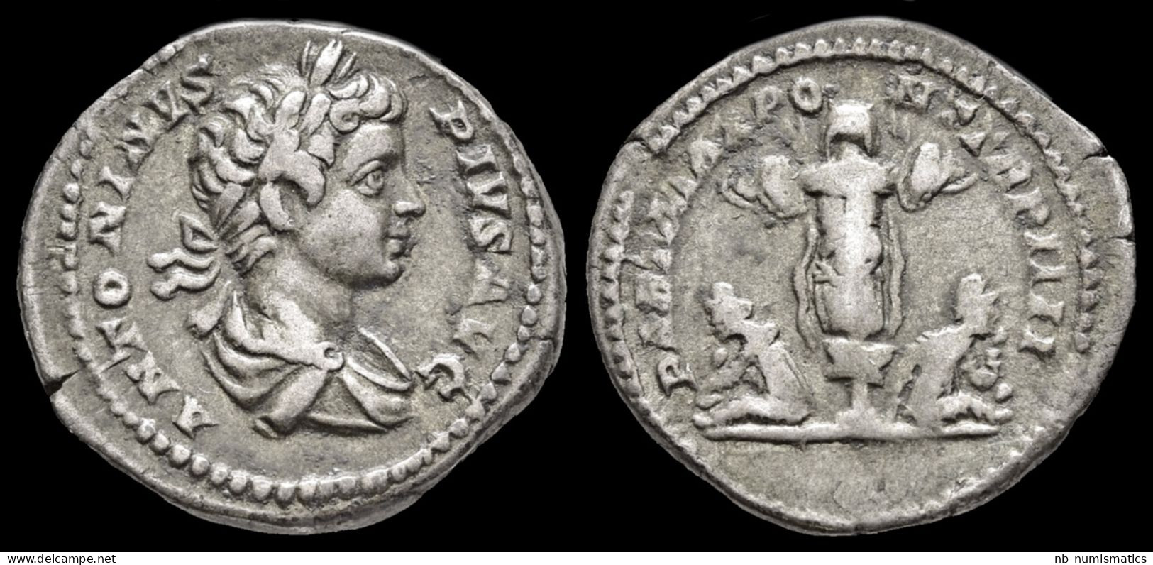 Caracalla  AR Denarius Trophy And Arms Flanked By Two Captives - Les Sévères (193 à 235)