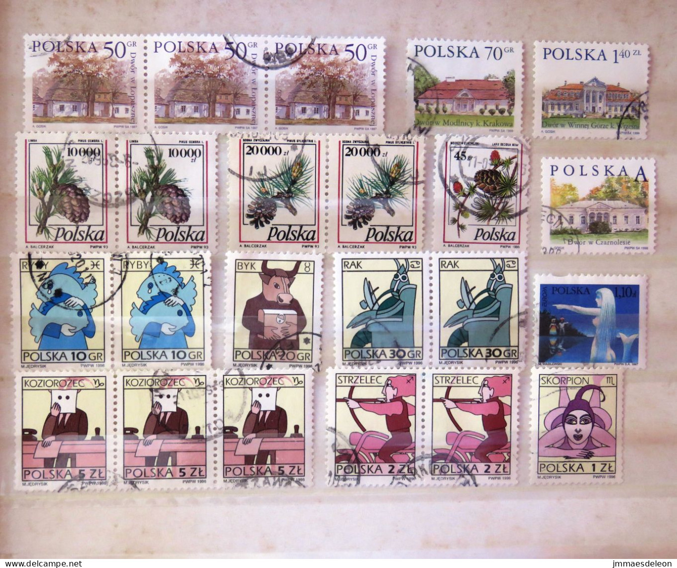 Poland 1993 - 1999 Pine Cones Houses Zodiac Bow Scorpio Motorcycle Cancer Fishes - Oblitérés
