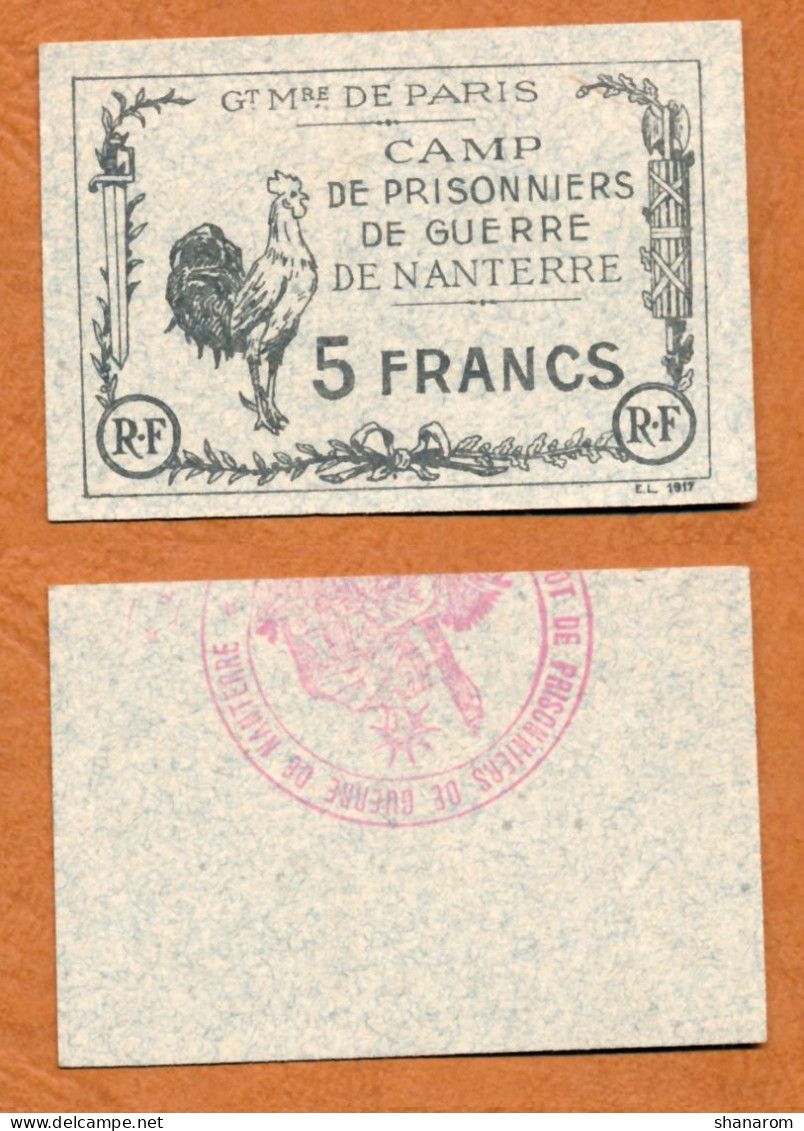 1918-1918 // P.O.W. // DEPOT DE NANTERRE // CAMP DE PRISONNIERS DE GUERRE // Bon De Cinq Francs - Bonds & Basic Needs