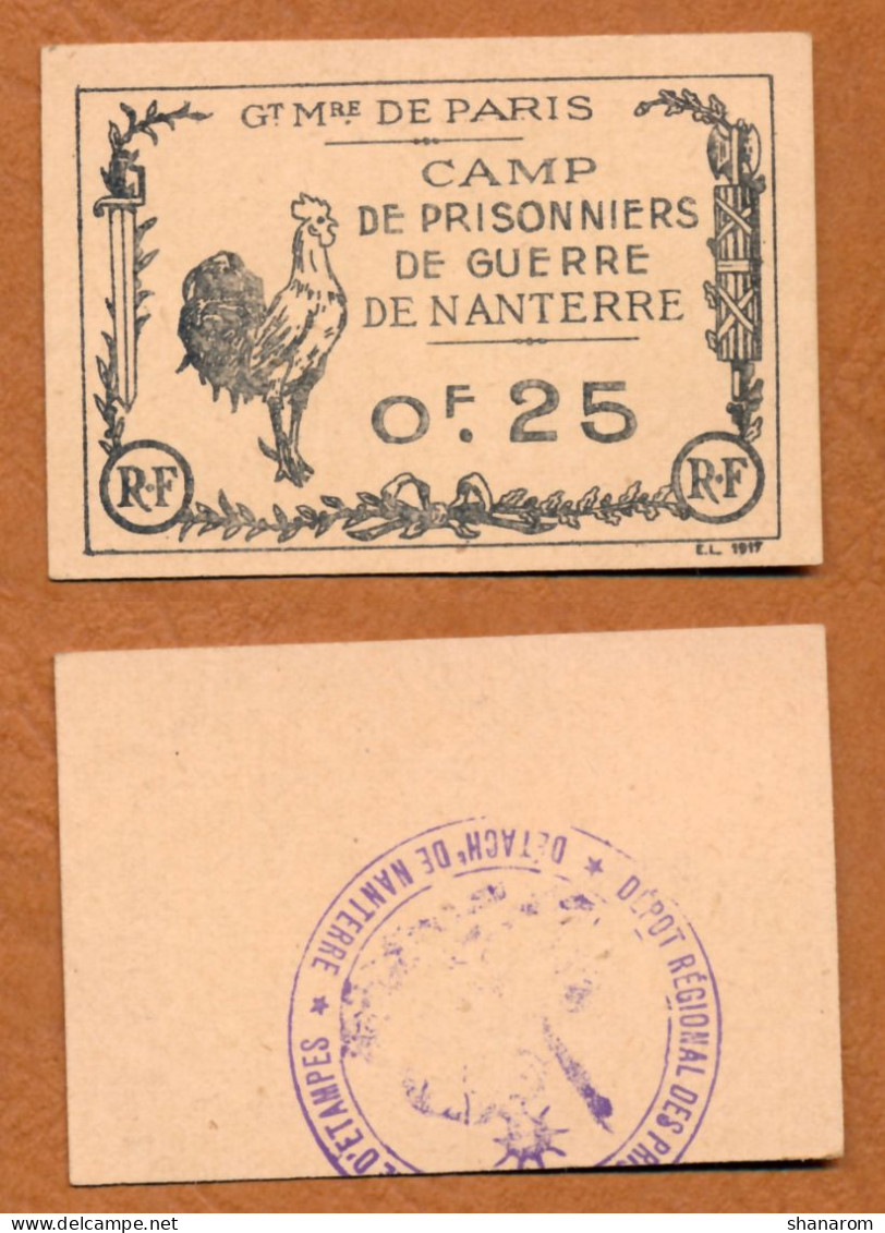 1918-1918 // P.O.W. // DEPOT DE NANTERRE // CAMP DE PRISONNIERS DE GUERRE // Bon De Vingt Cinq Centimes - Bonds & Basic Needs