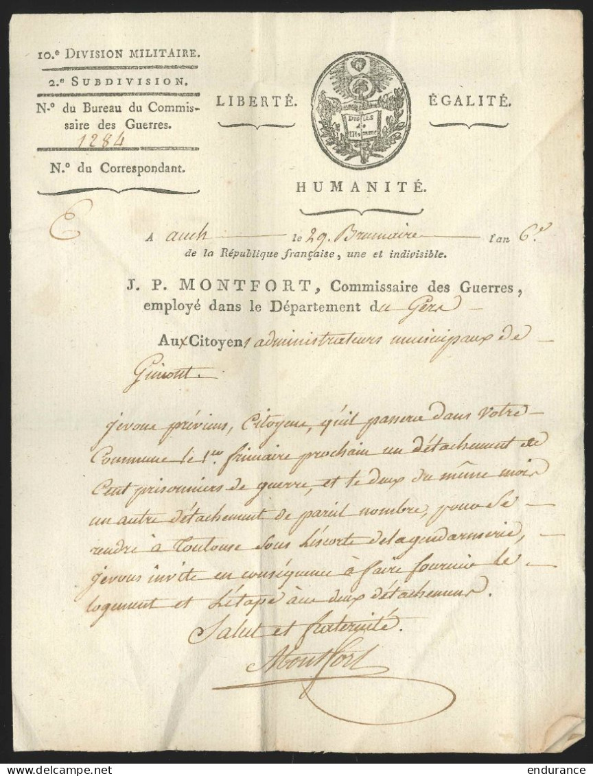 L à Entête De La 10e Division Militaire An 6 Marque 3I/AUSCH + "Service Mre .. Le Commdt Monfort" - 1794-1814 (Période Française)